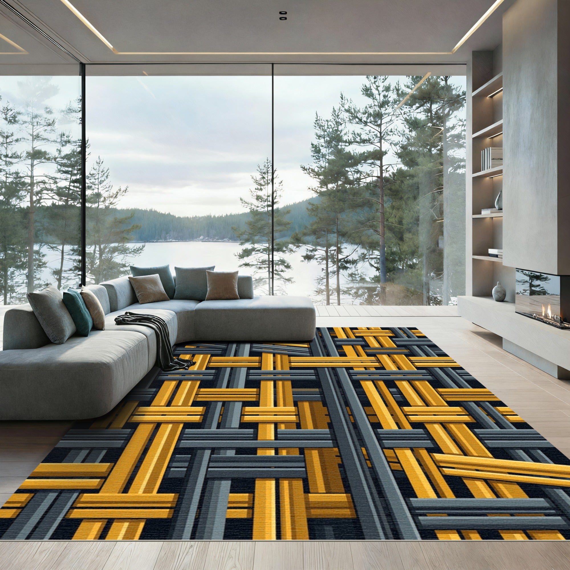 Abstract Weave Yellow Gray Grid Rug