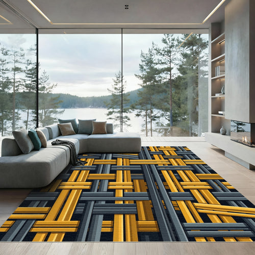 Abstract Weave Yellow Gray Grid Rug