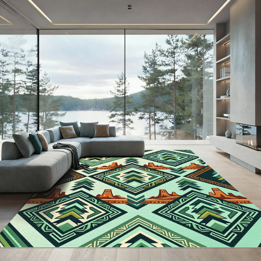 Southwestern Teal Abstract Geometric Landscape Rug