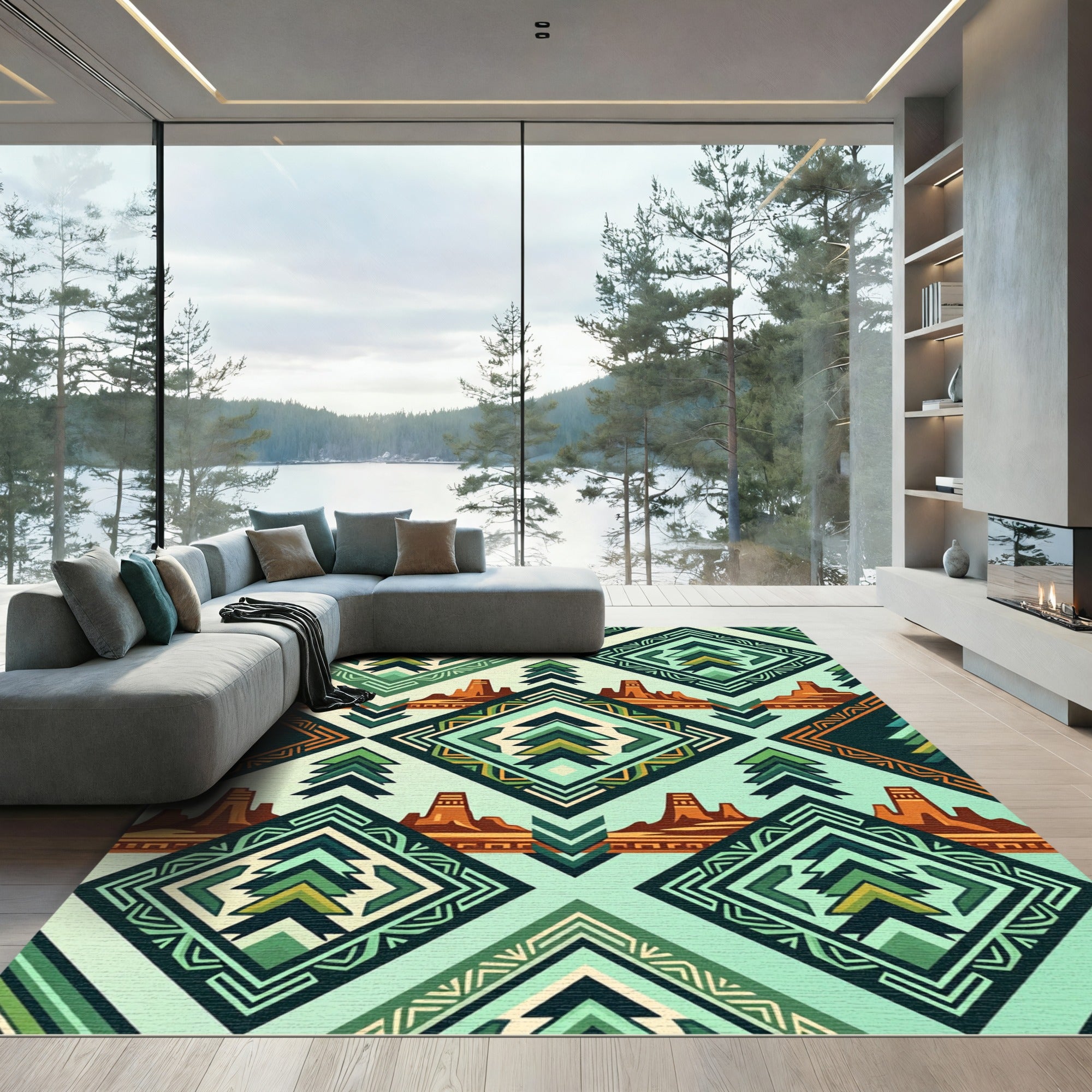 Southwestern Teal Abstract Geometric Landscape Rug