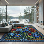 Vibrant Blue Iris Tulip Floral Border Rug