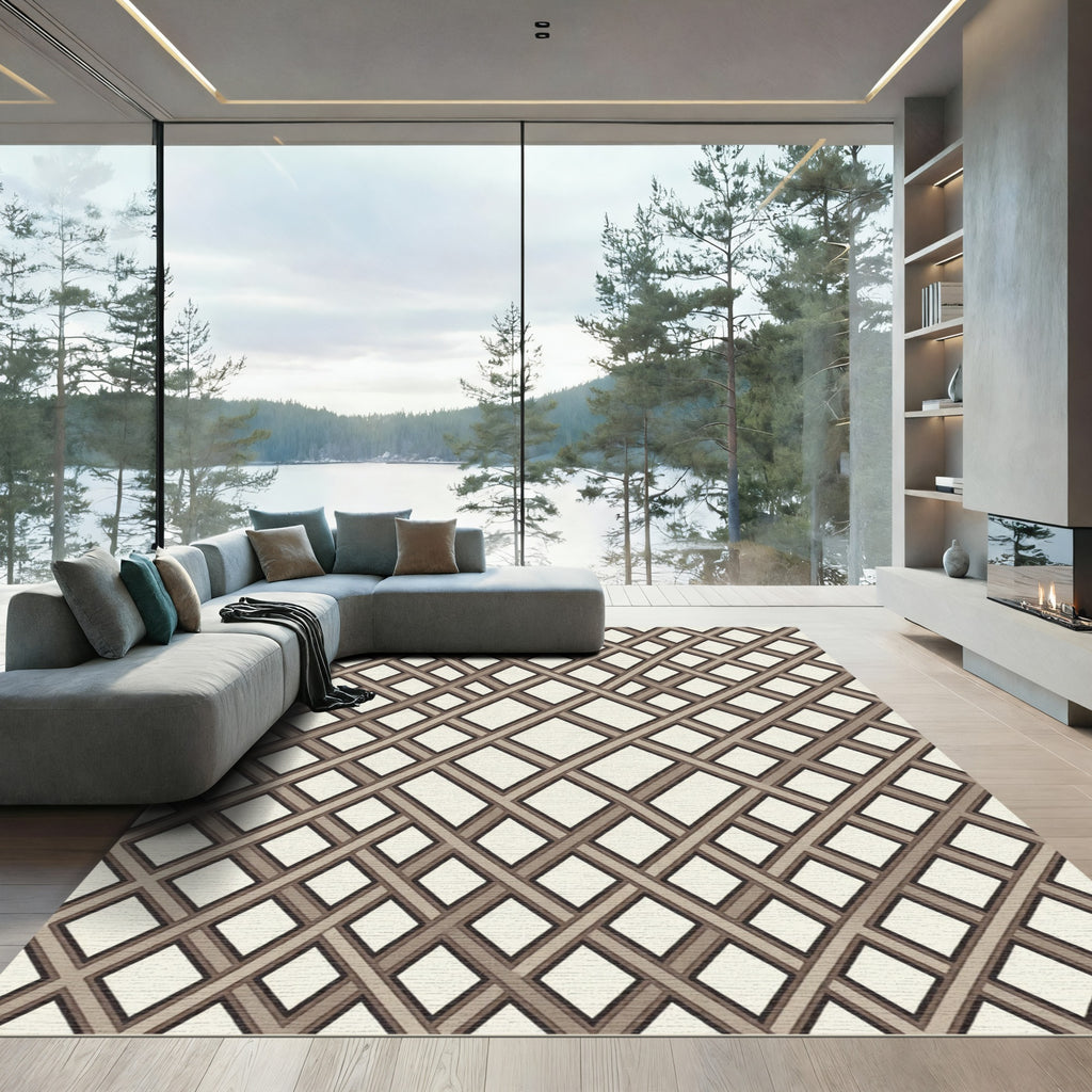 Geometric Brown Lattice Diamond Weave Rug