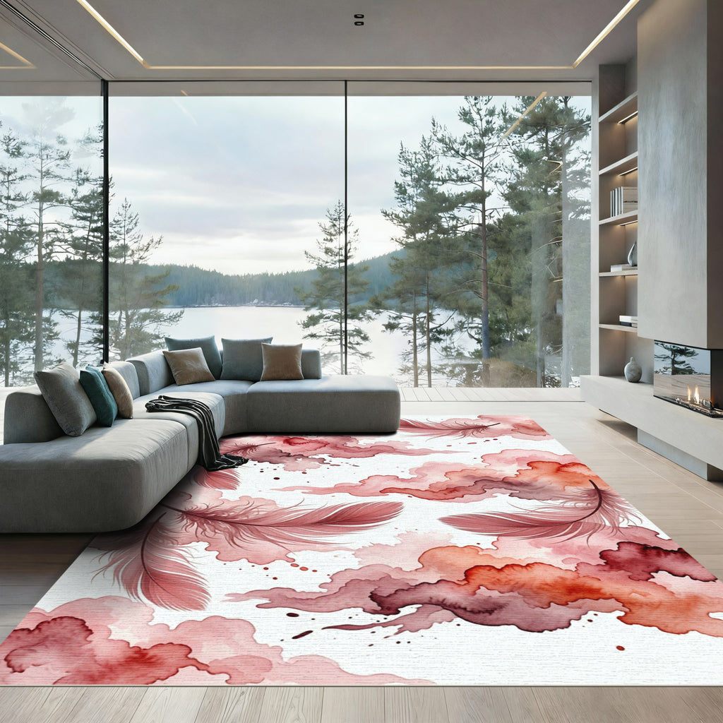 Ethereal Crimson Feather Watercolor Clouds Rug