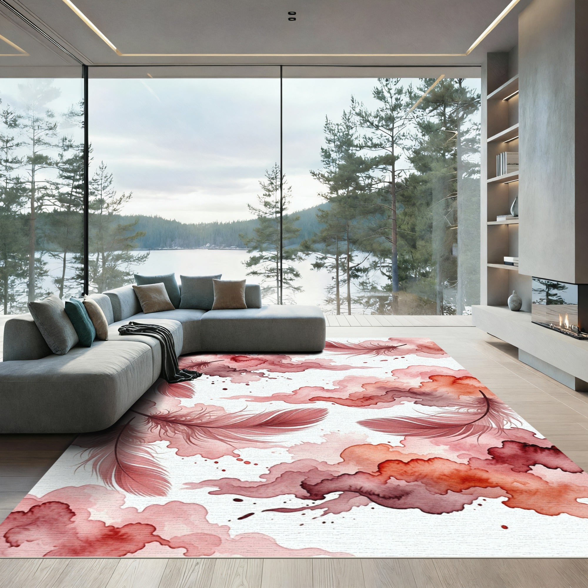 Ethereal Crimson Feather Watercolor Clouds Rug