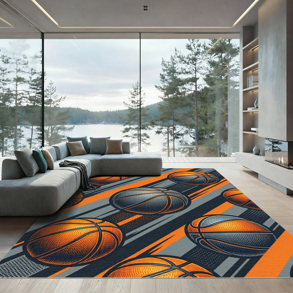 Dynamic Orange and Charcoal Basketball Athletic Rug