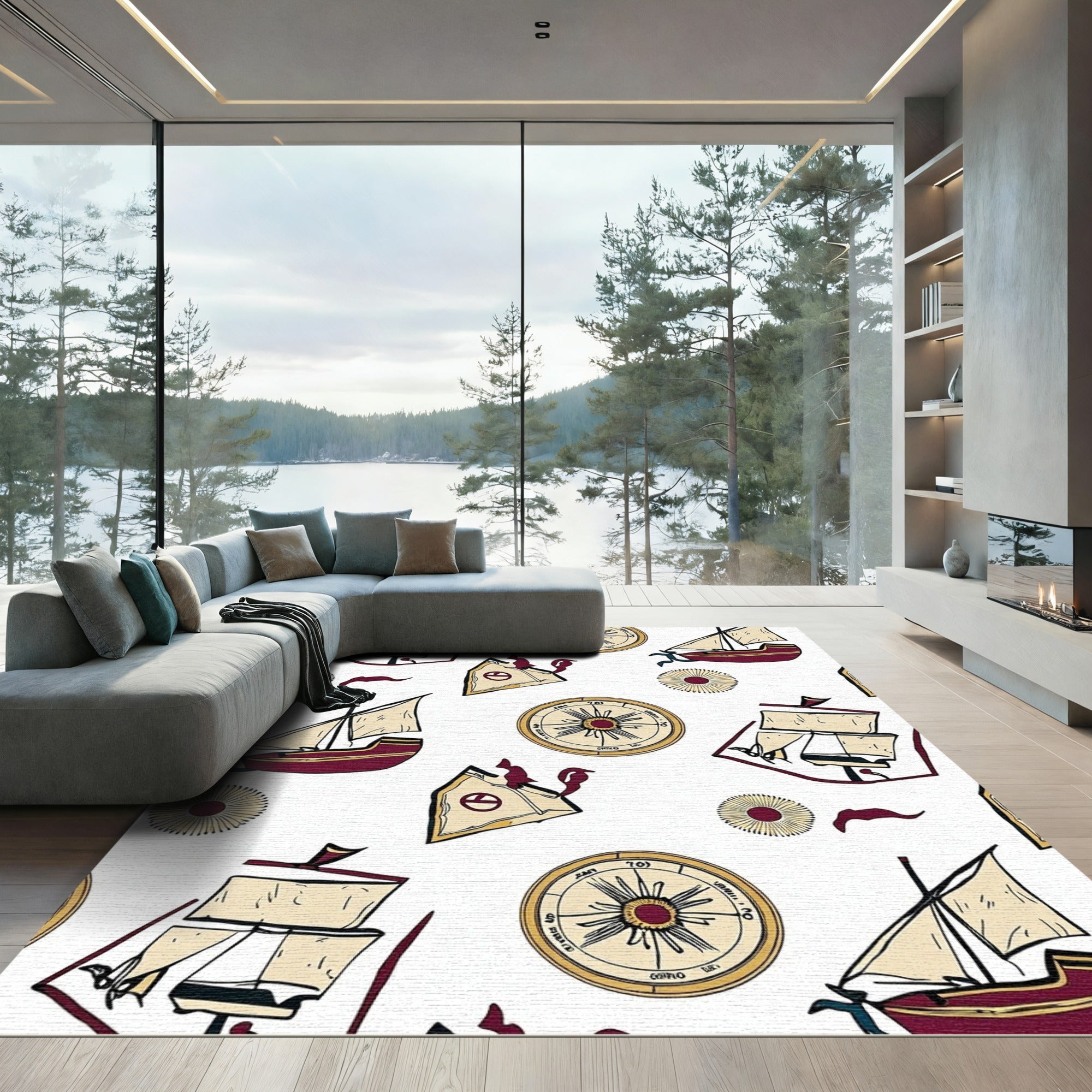 Maroon Sailboat Compass Voyage Print Rug