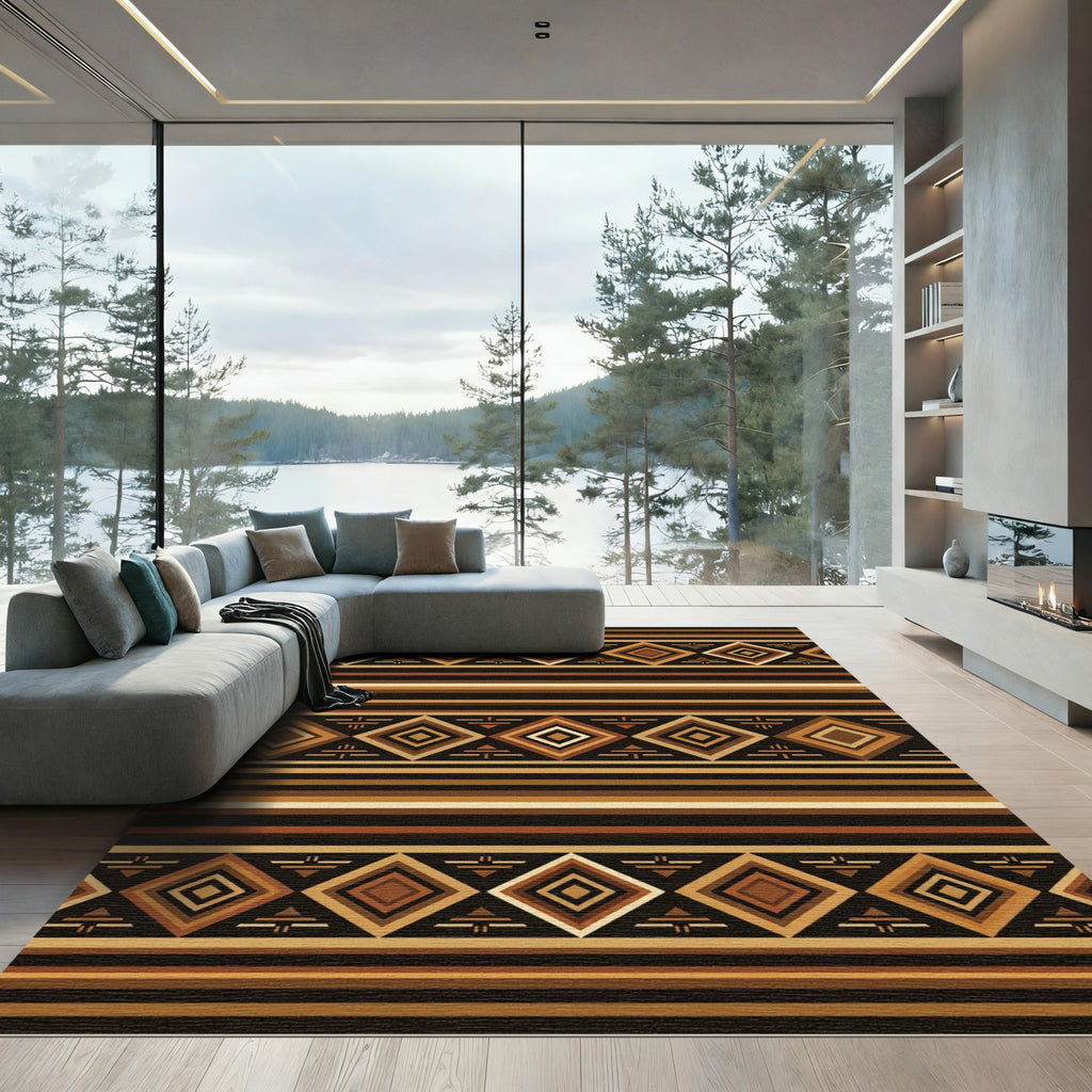 Earthy Brown Geometric Diamond Striped Tapestry Rug