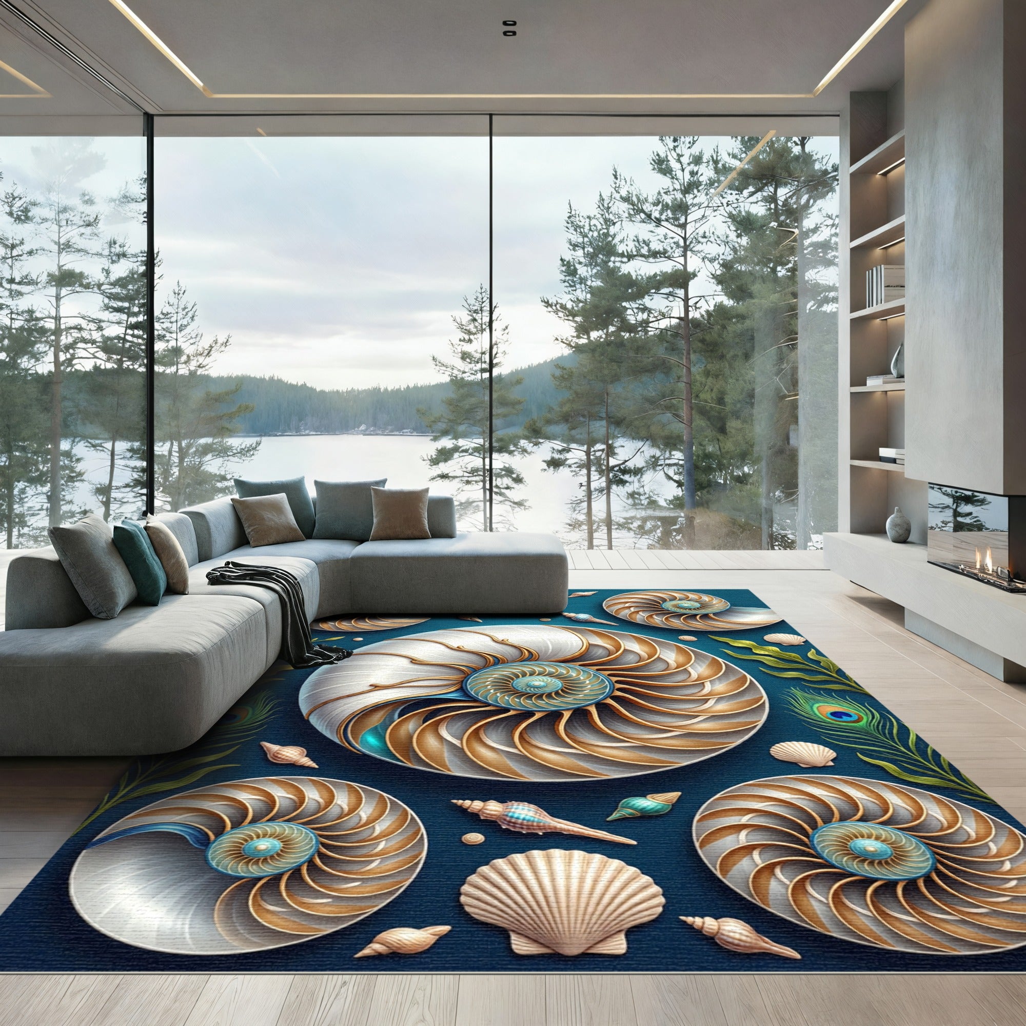 Gilded Nautilus Shell Teal Ocean Floor Rug