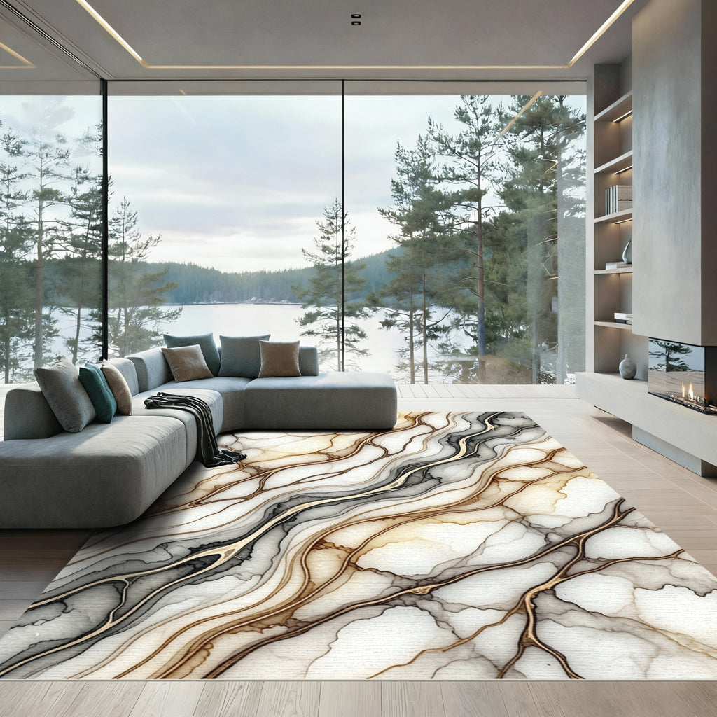 Abstract Gold Veined Marble Swirl Rug