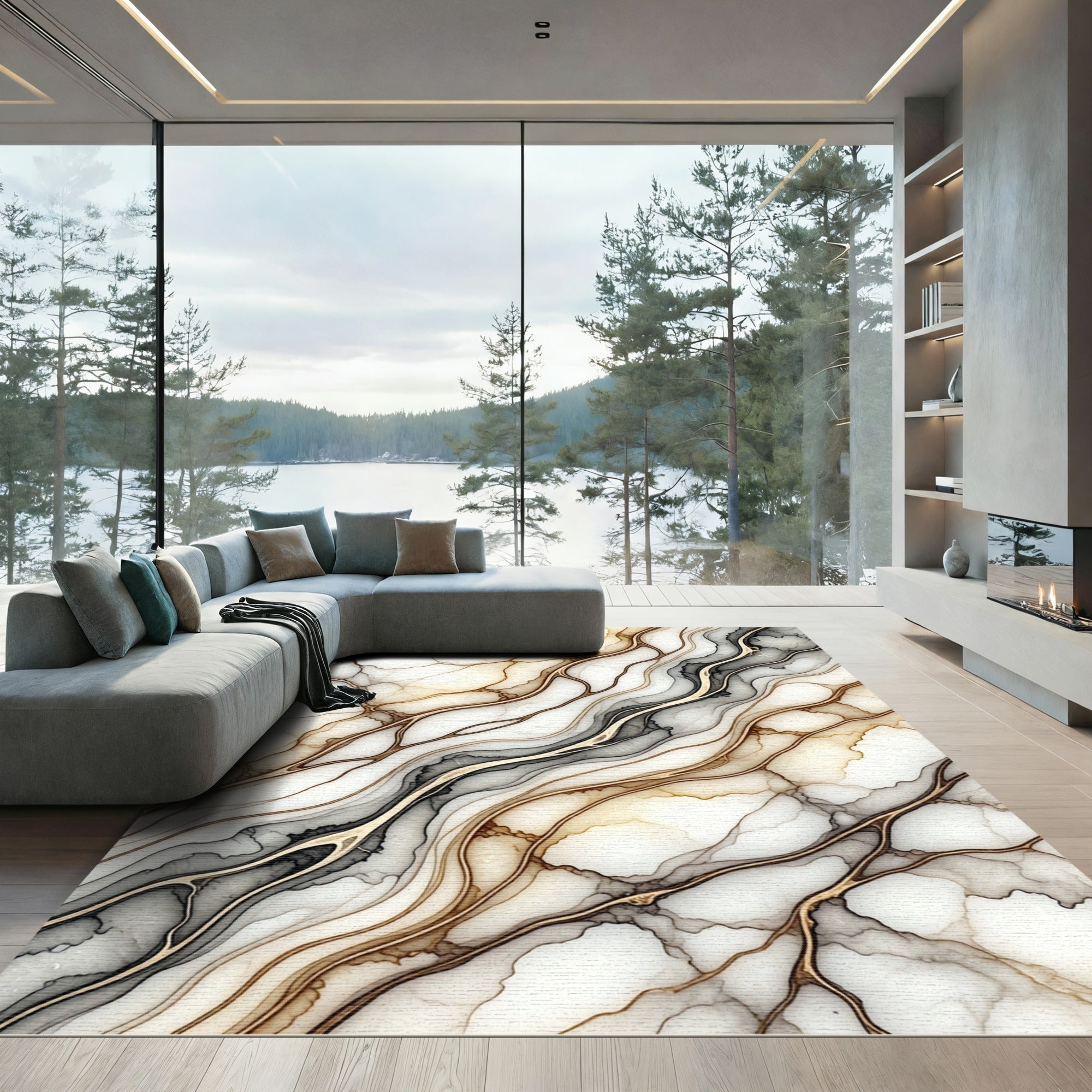 Abstract Gold Veined Marble Swirl Rug