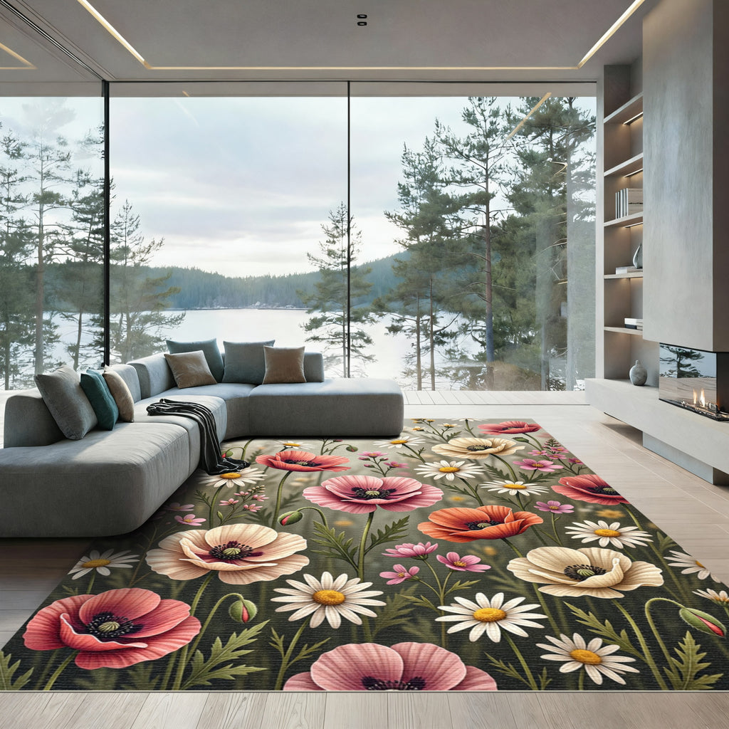 Coral Orange Pink Poppy Garden Rug