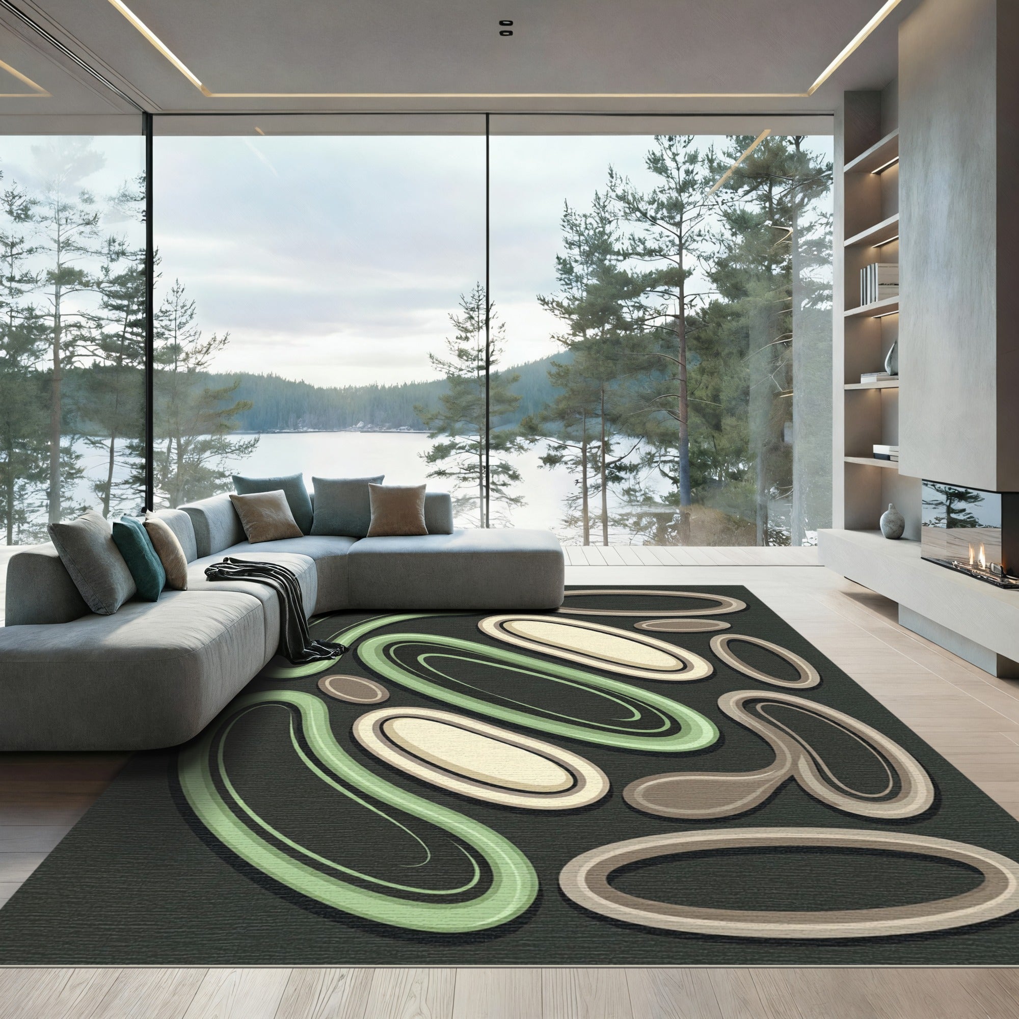 Mid Century Organic Sage Oval Abstract Rug