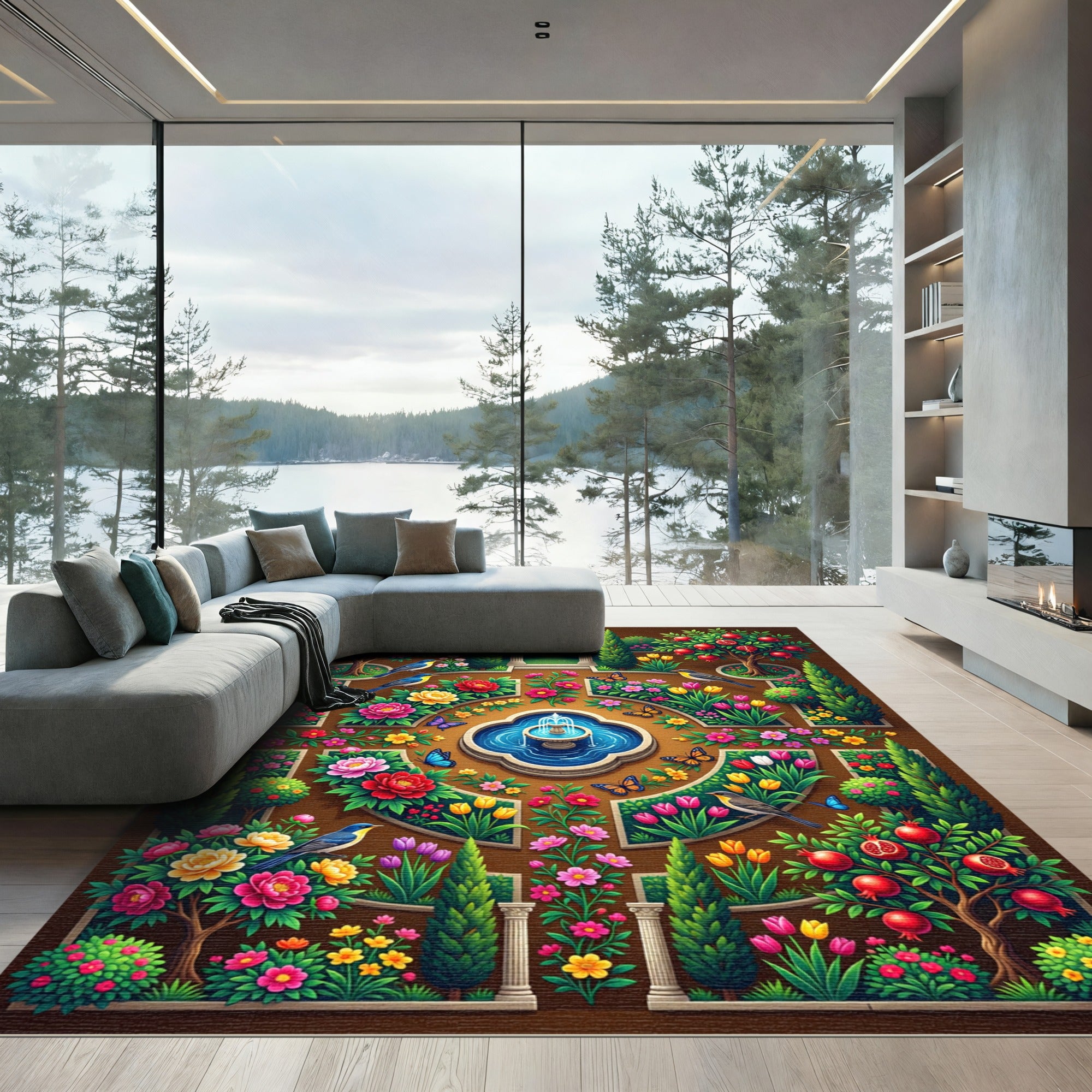Vibrant Floral Garden with Hummingbirds and Butterflies Rug