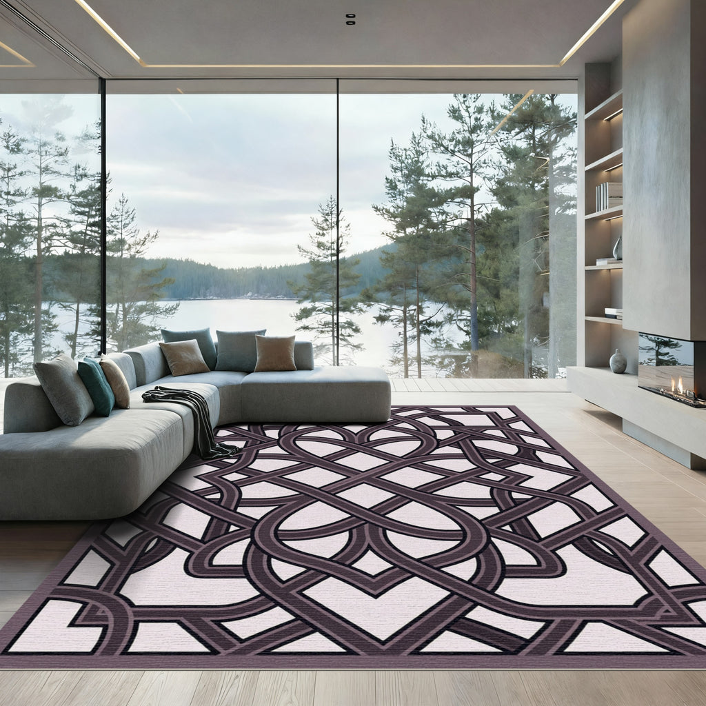 Intricate Mauve Interlocking Geometric Lattice Rug