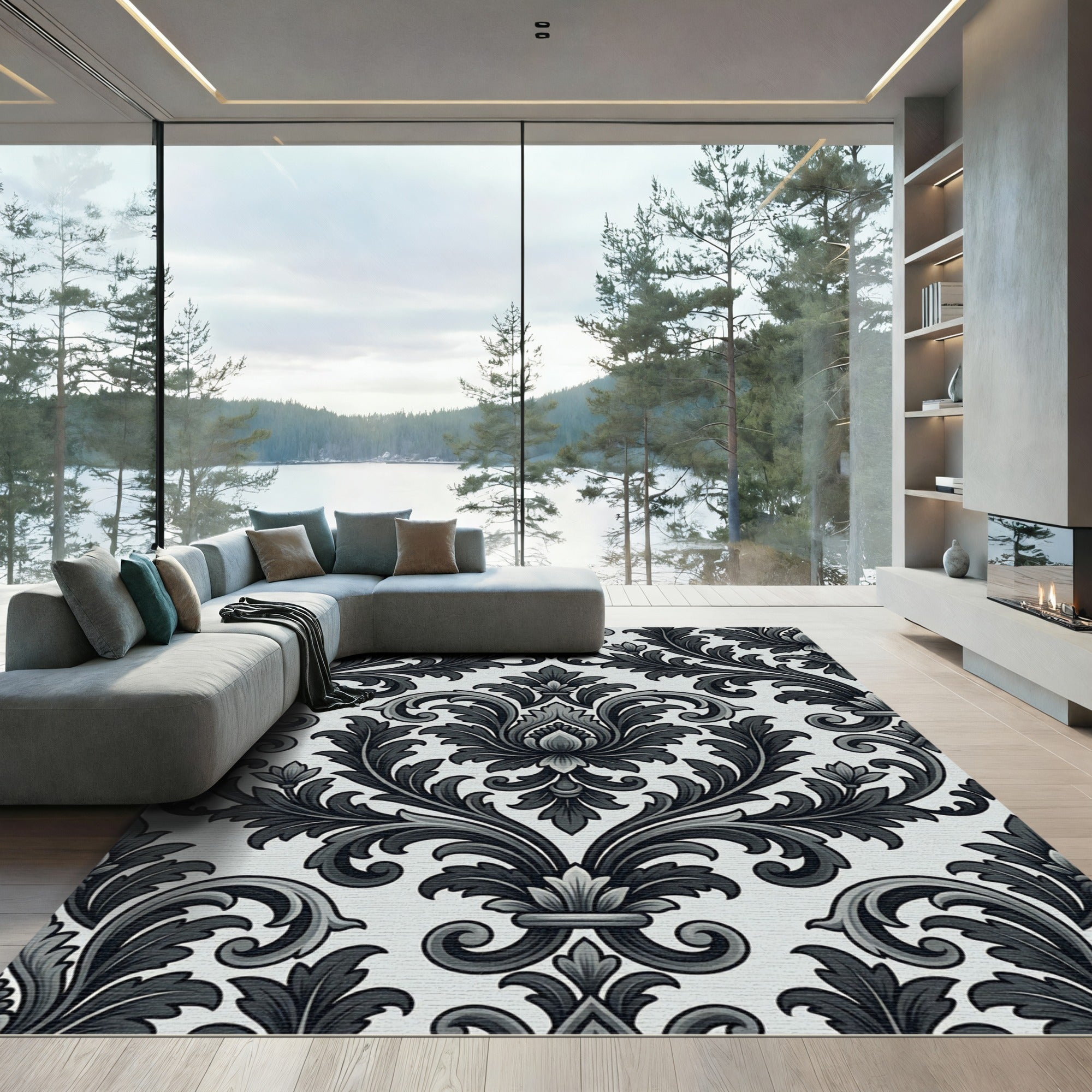 Ornate Charcoal Floral Damask Rug