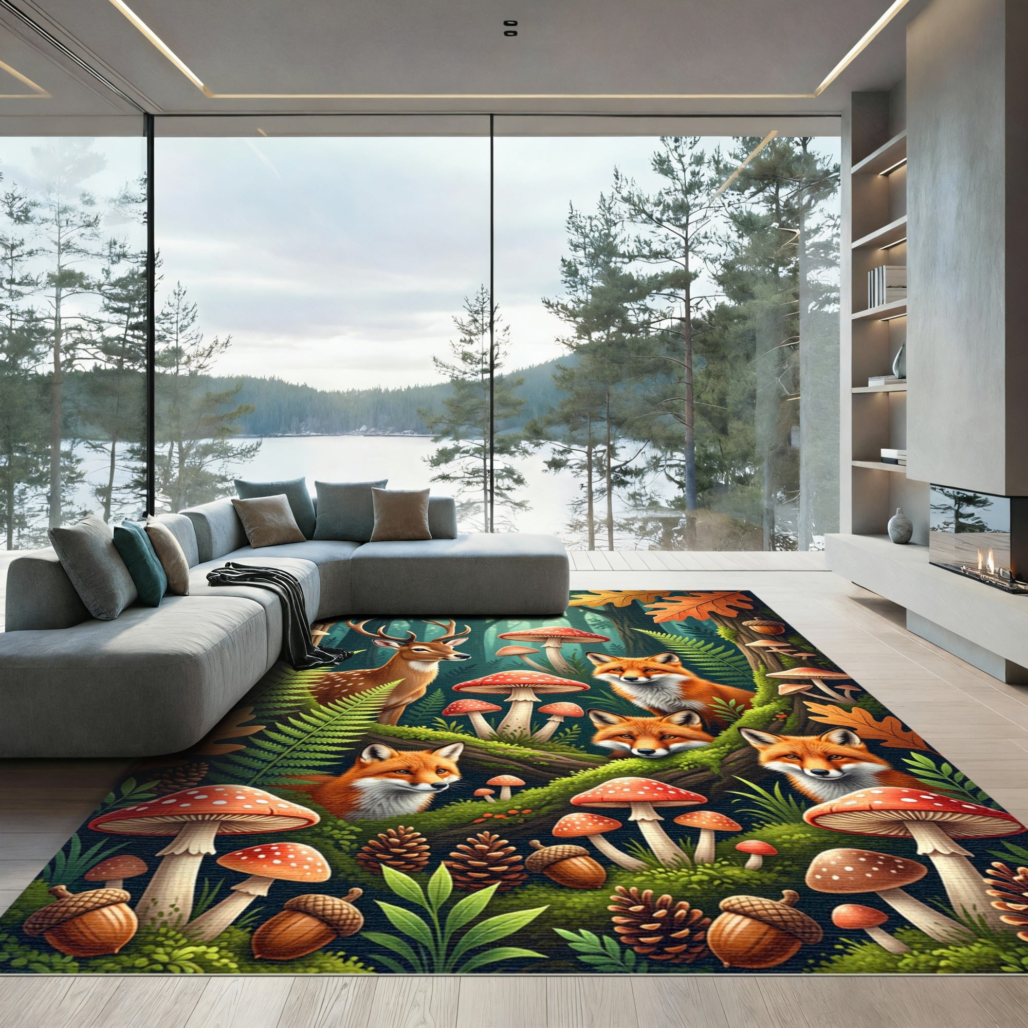Whimsical Woodland Deer and Fox Forest Rug
