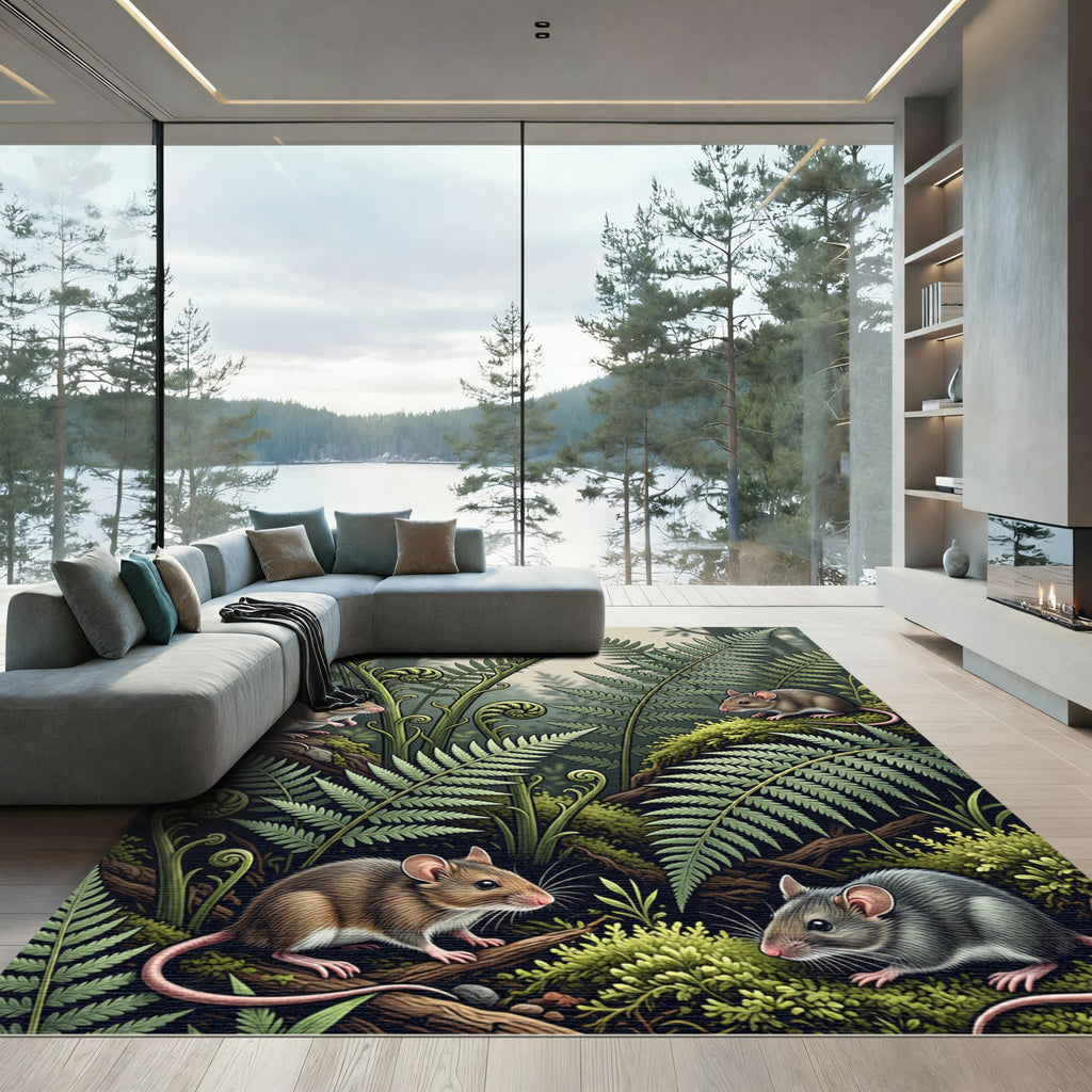 Whimsical Forest Mice with Fern Fronds Rug
