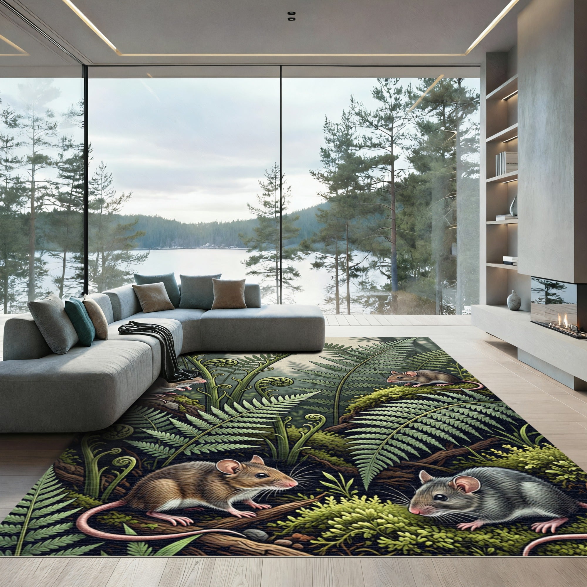 Whimsical Forest Mice with Fern Fronds Rug