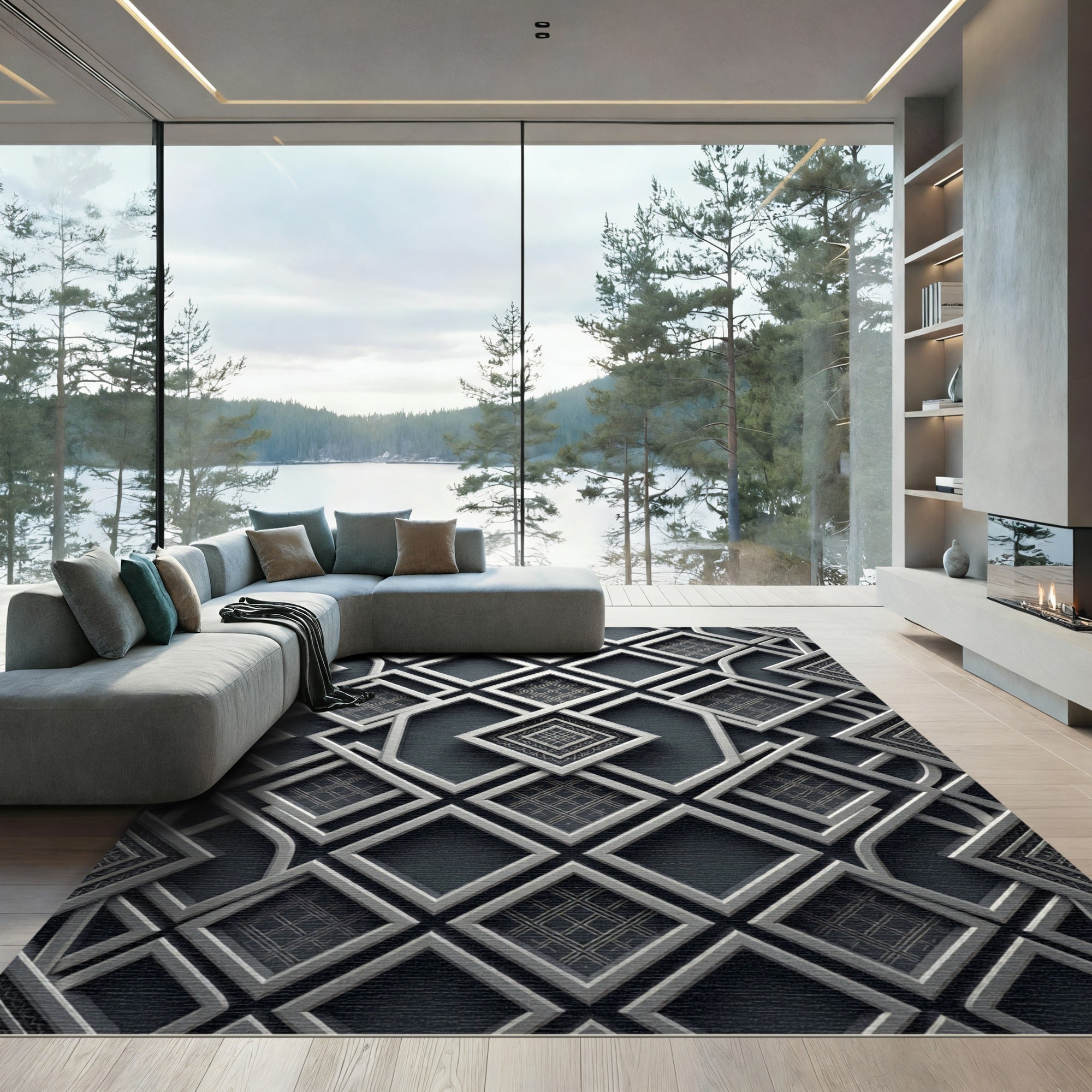 Sophisticated Charcoal Silver Geometric Lattice Rug