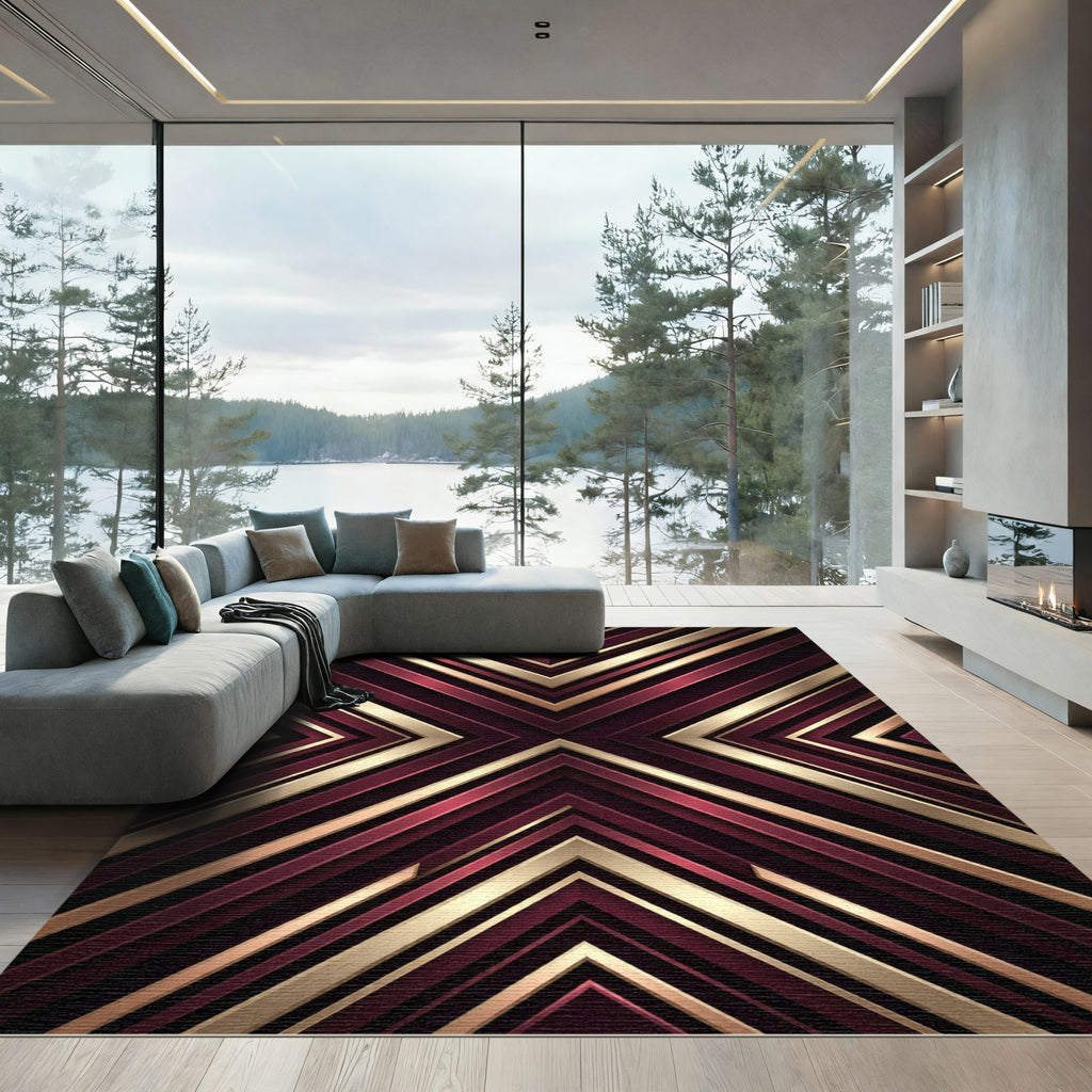Luxurious Burgundy and Gold Geometric Chevron Rug