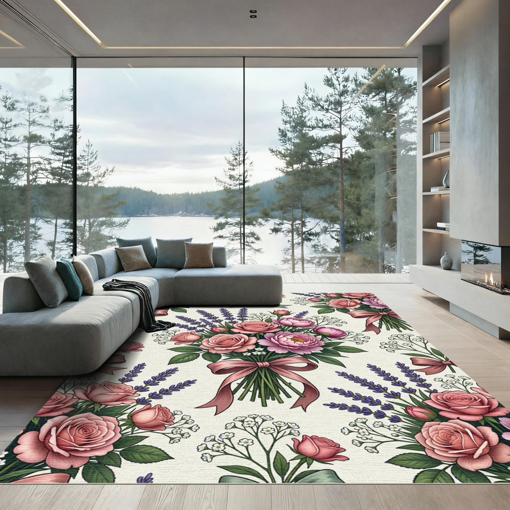 Pink Rose and Lavender Floral Bouquet Rug