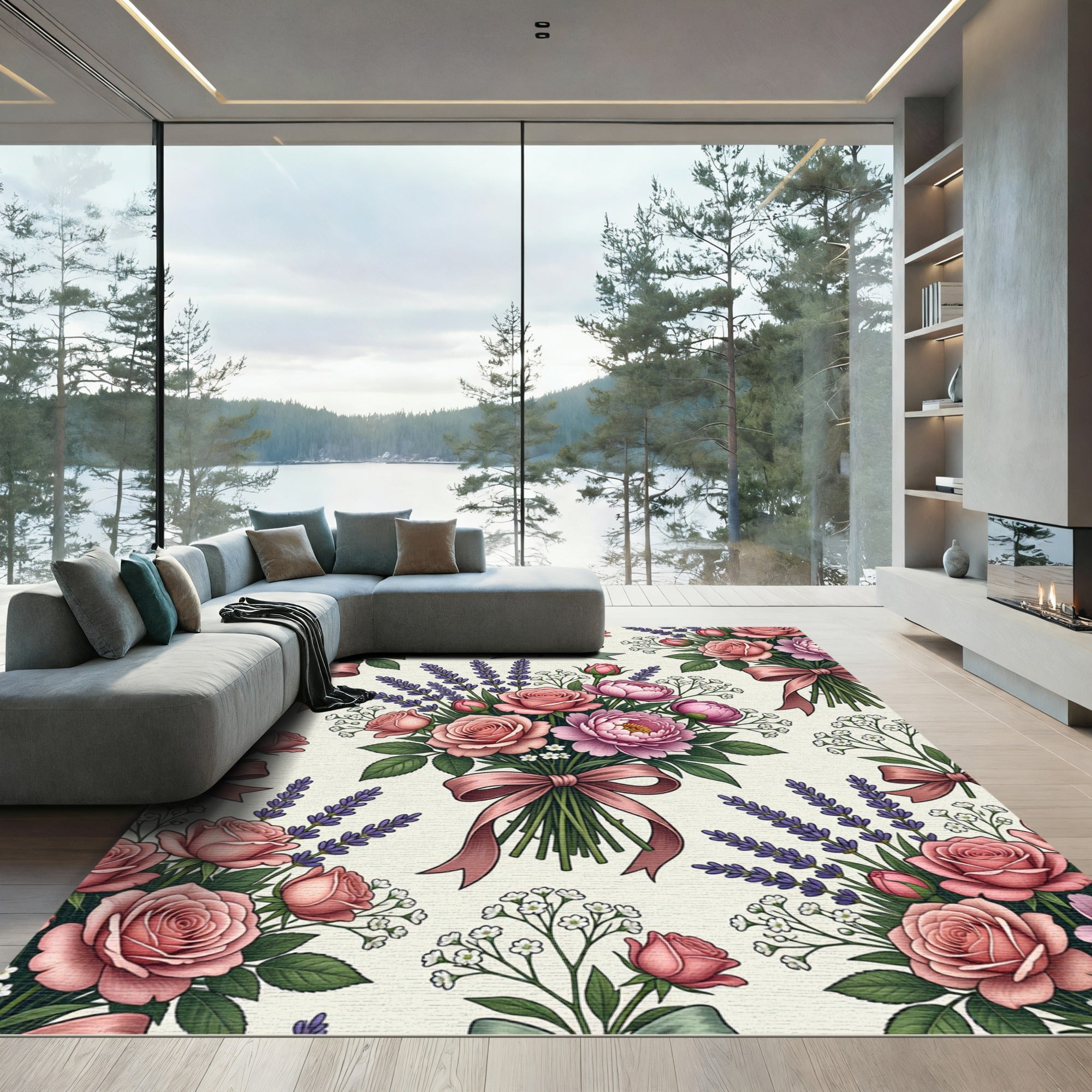 Pink Rose and Lavender Floral Bouquet Rug