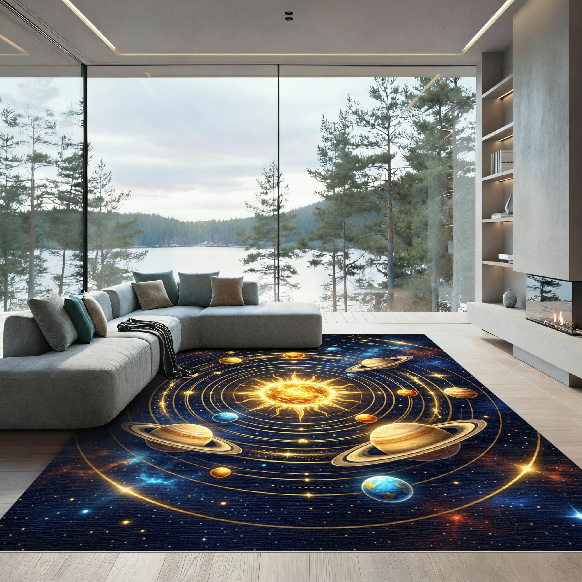 Golden Celestial Solar System Orbit Rug