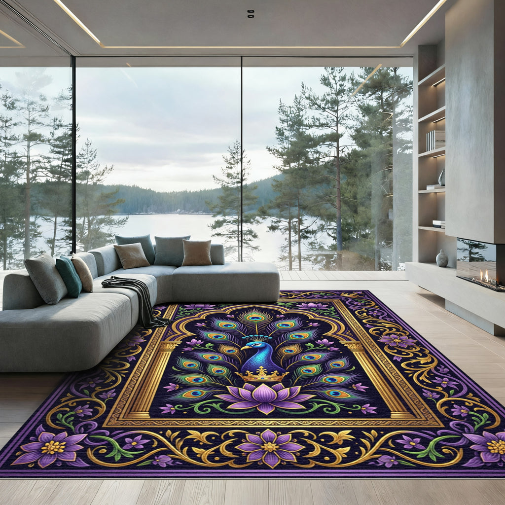 Royal Peacock Purple Lotus Gold Filigree Rug