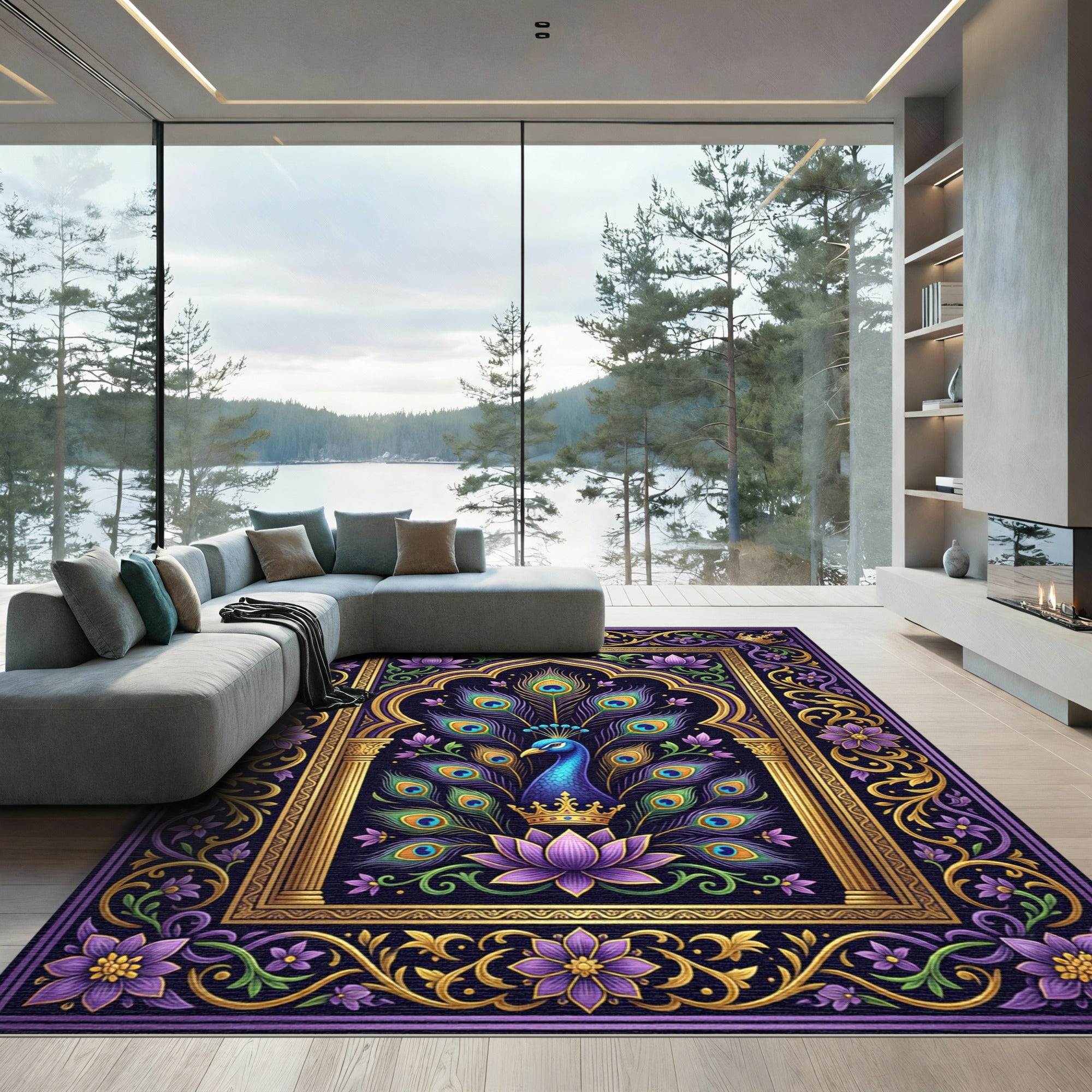 Royal Peacock Purple Lotus Gold Filigree Rug