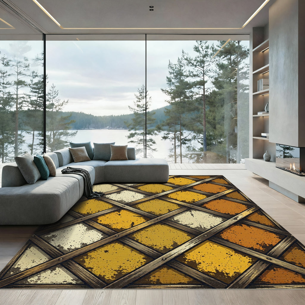 Rustic Golden Diamond Lattice Grid Rug