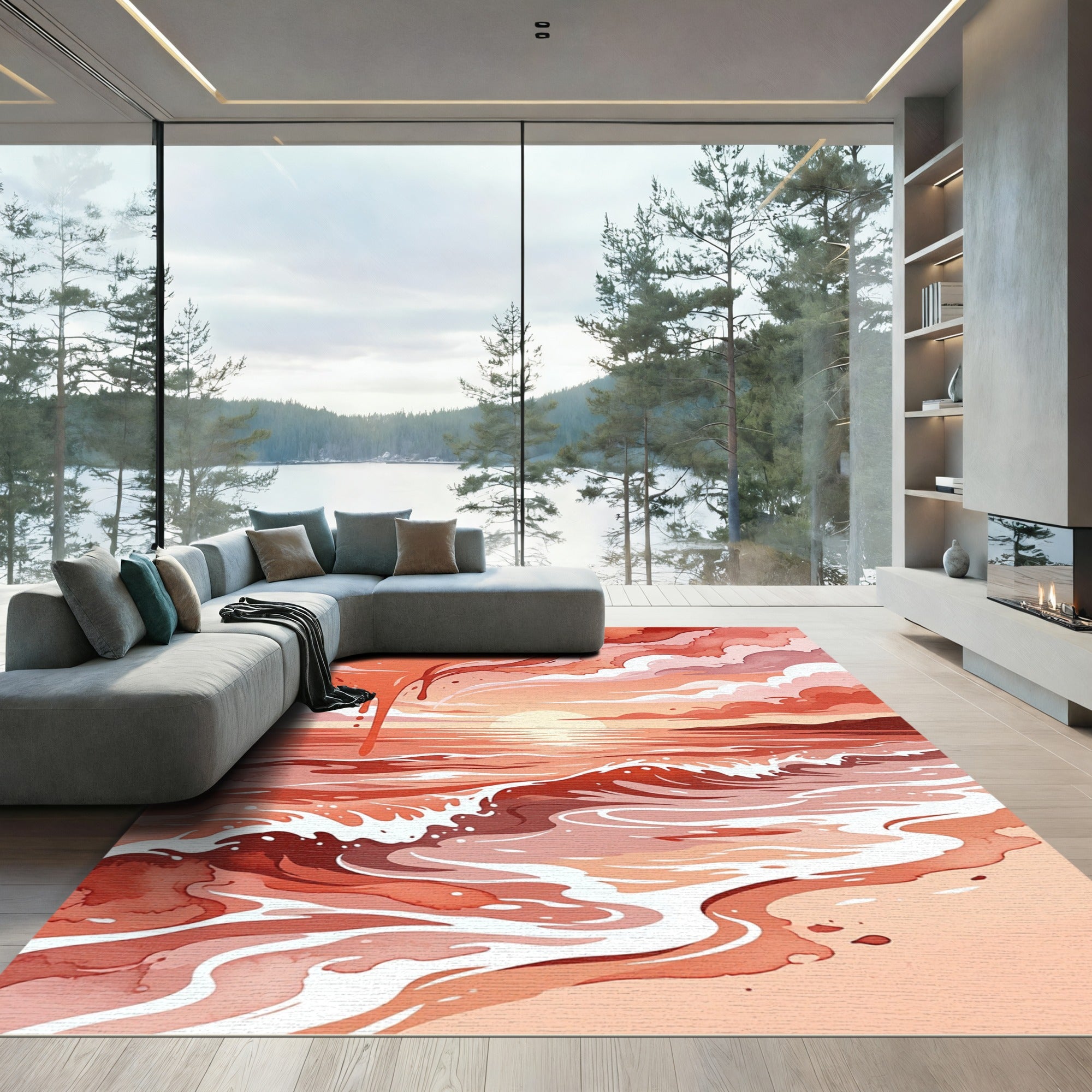 Crimson Sunset Ocean Wave Rug