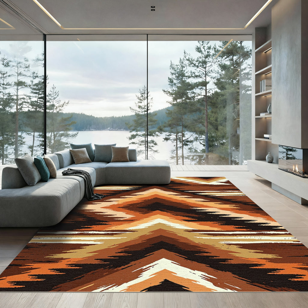 Earthy Brown Geometric Chevron Abstract Rug