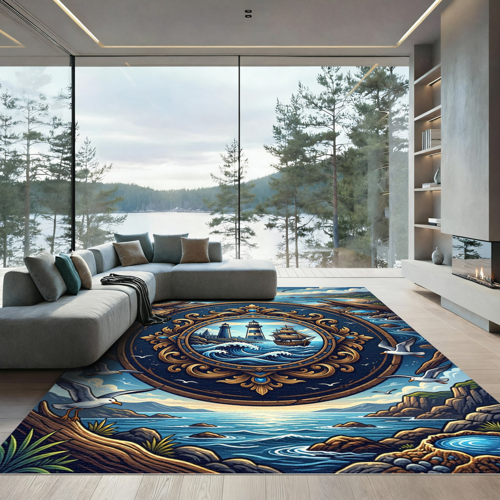 Nautical Navy Gold Lighthouse Emblem Rug