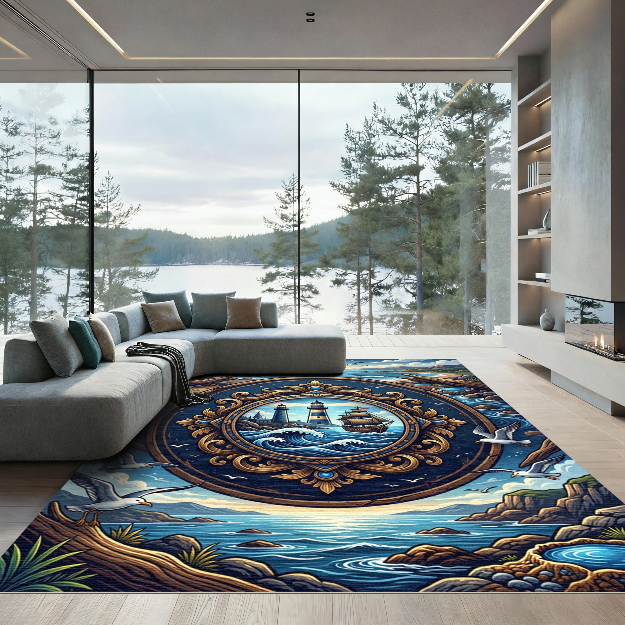 Nautical Navy Gold Lighthouse Emblem Rug