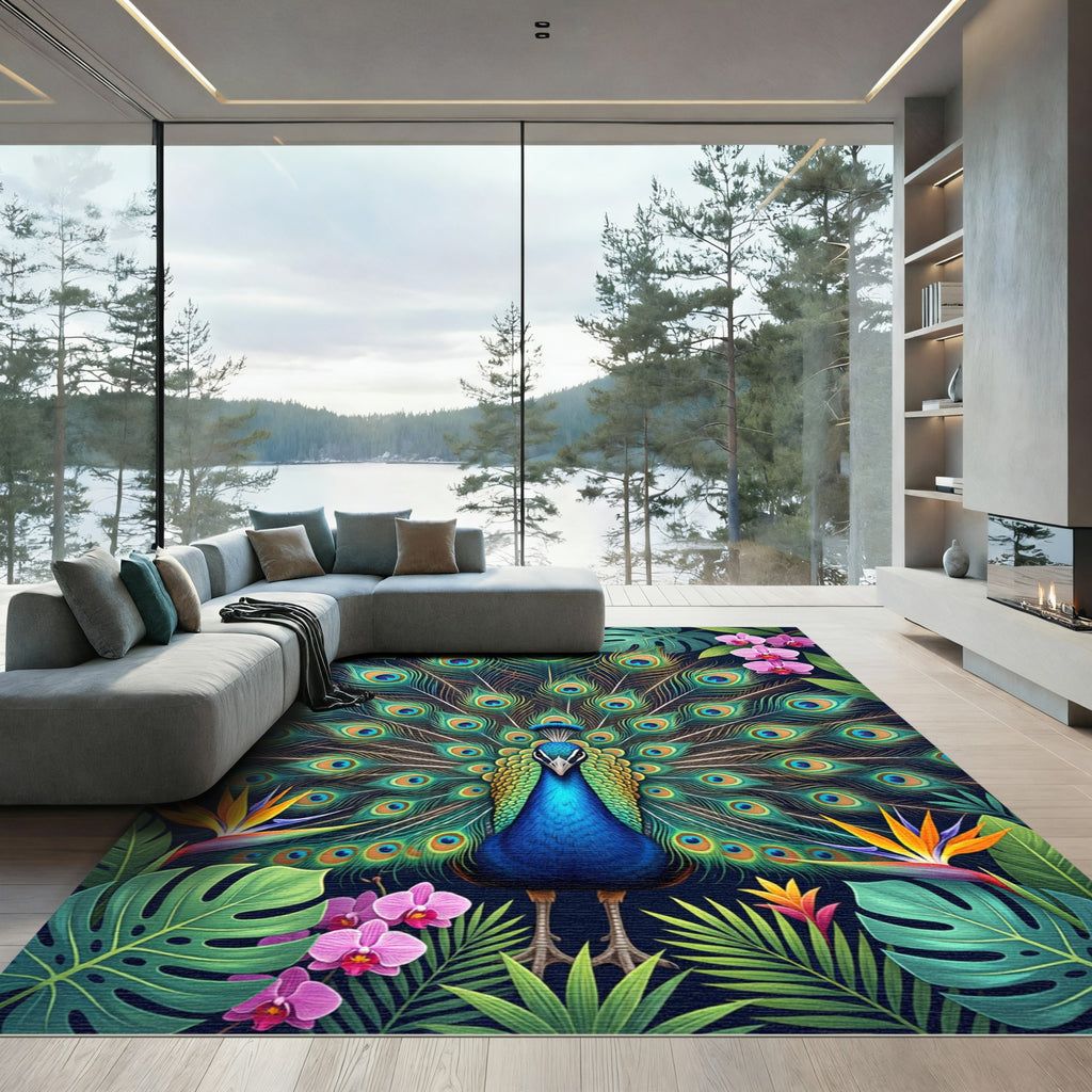 Vibrant Tropical Peacock Floral Art Rug