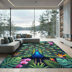 Vibrant Tropical Peacock Floral Art Rug