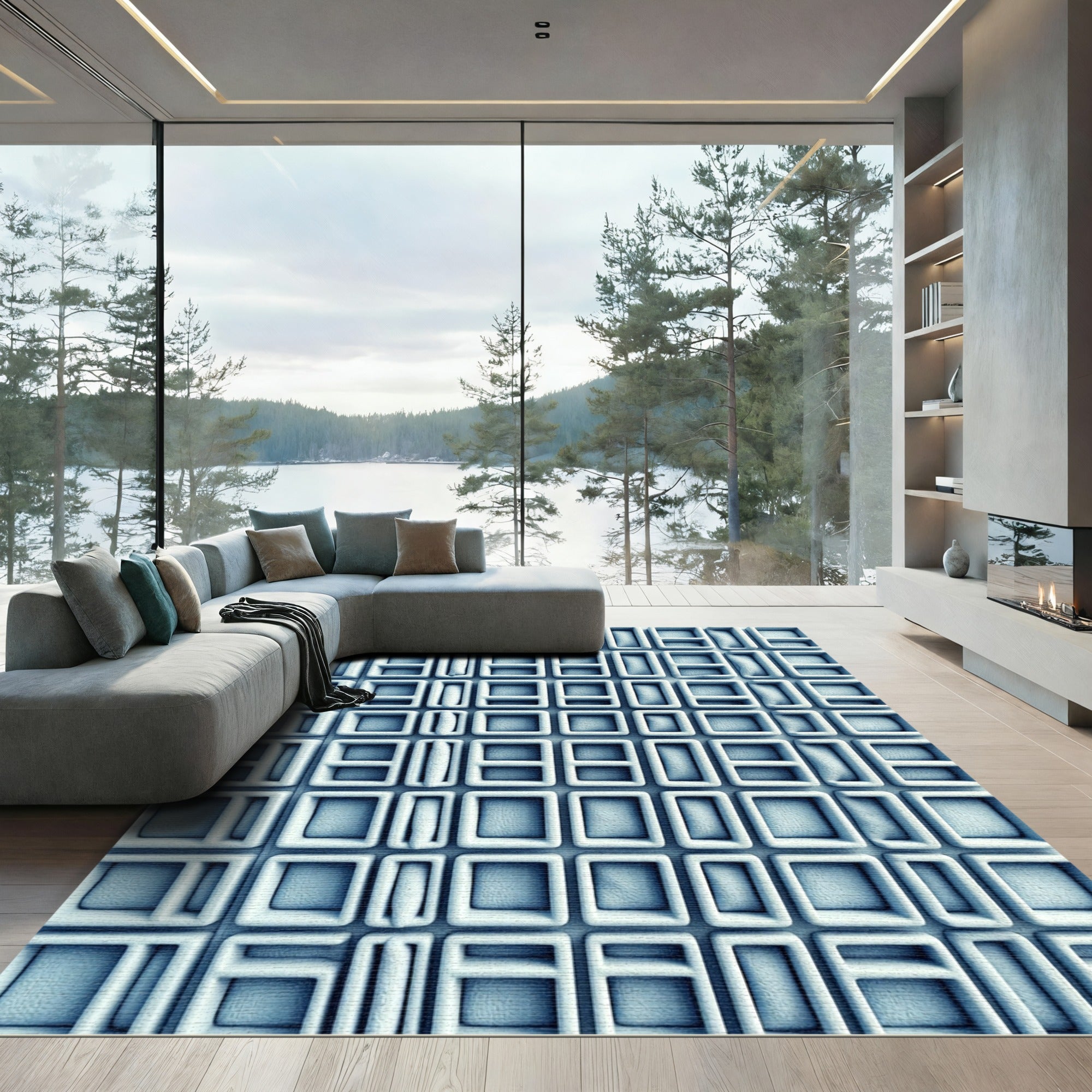 Modern Steel Gray Geometric Grid Rug