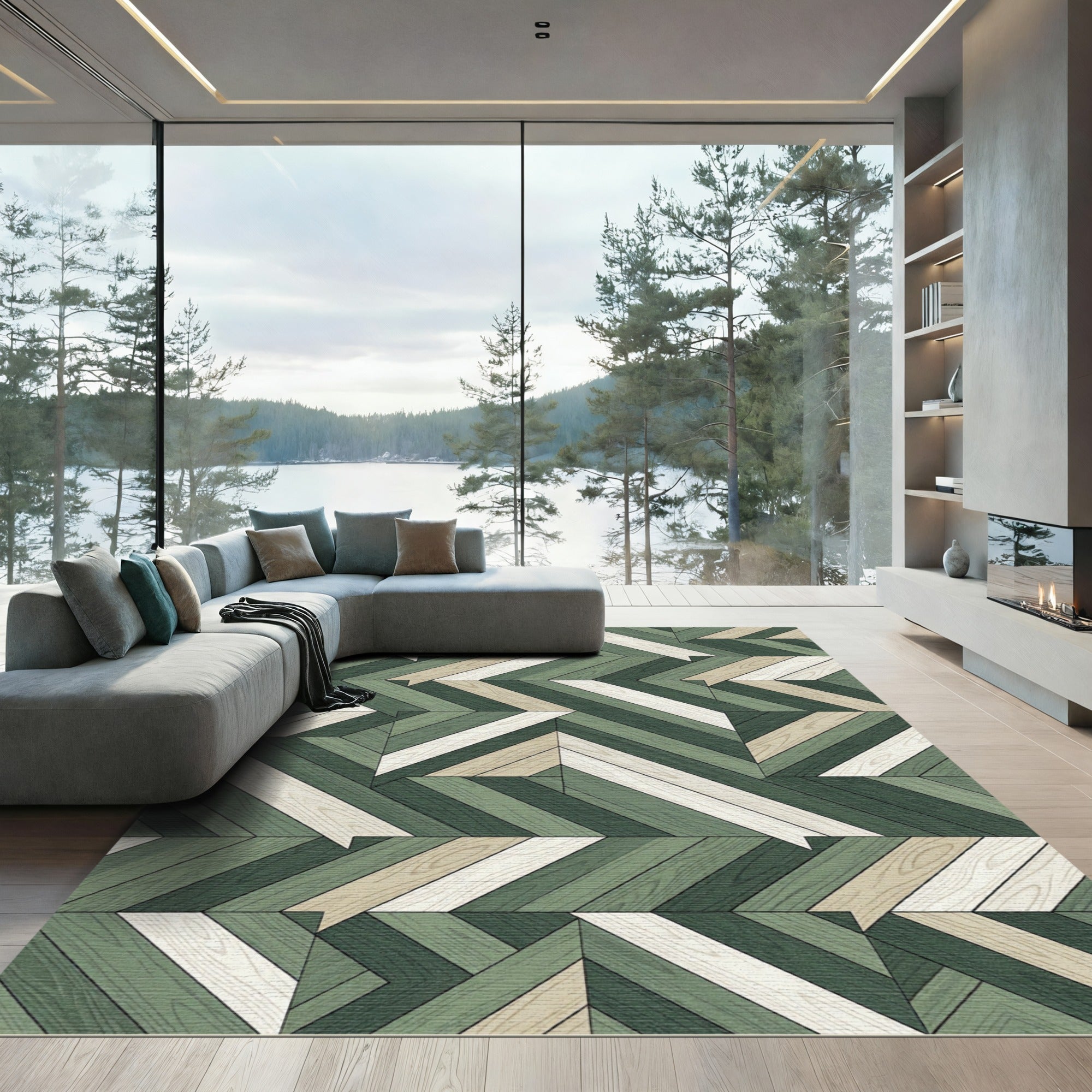 Modern Sage Geometric Chevron Plank Rug