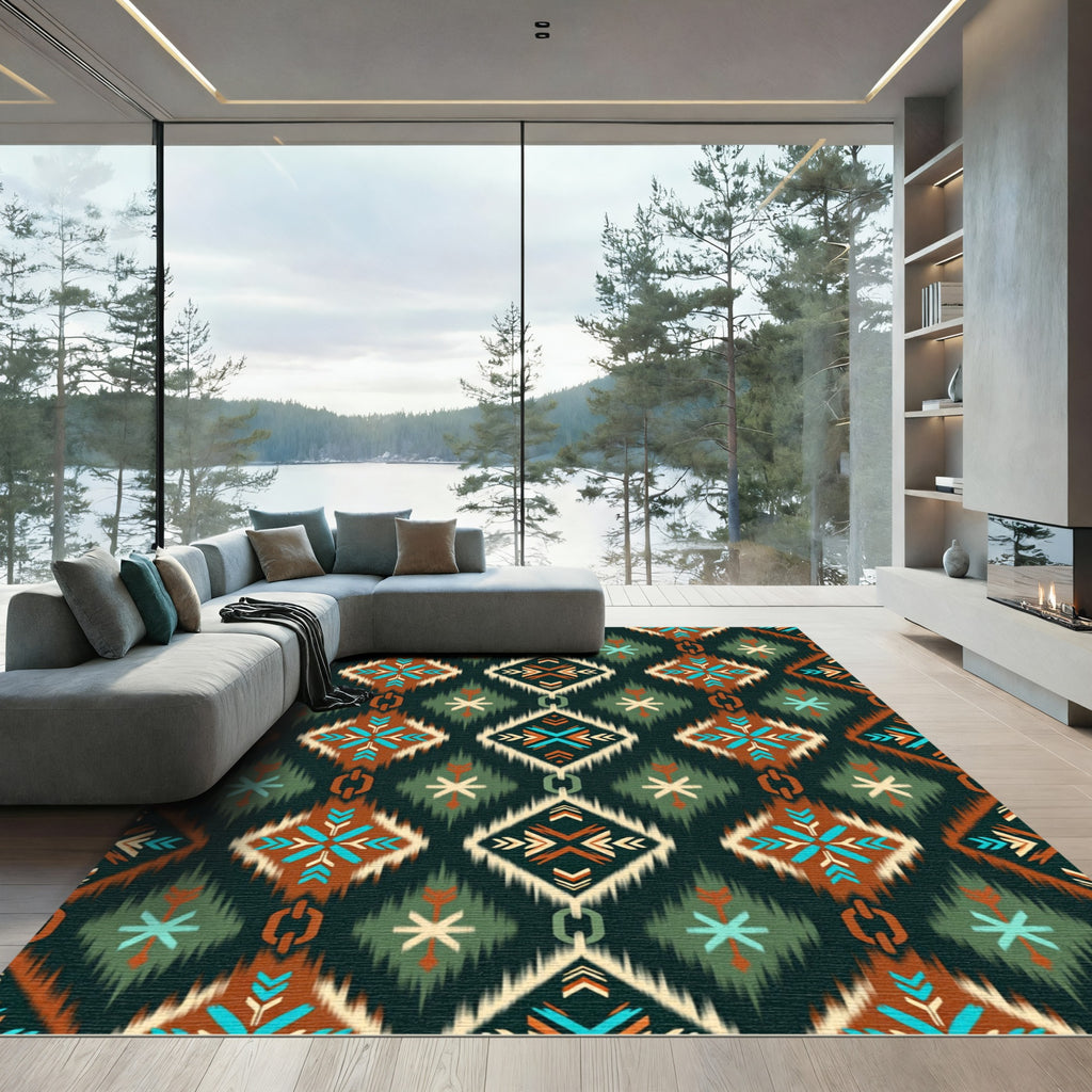 Terracotta Teal Abstract Ikat Diamond Rug