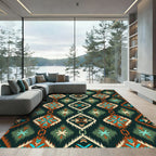 Terracotta Teal Abstract Ikat Diamond Rug