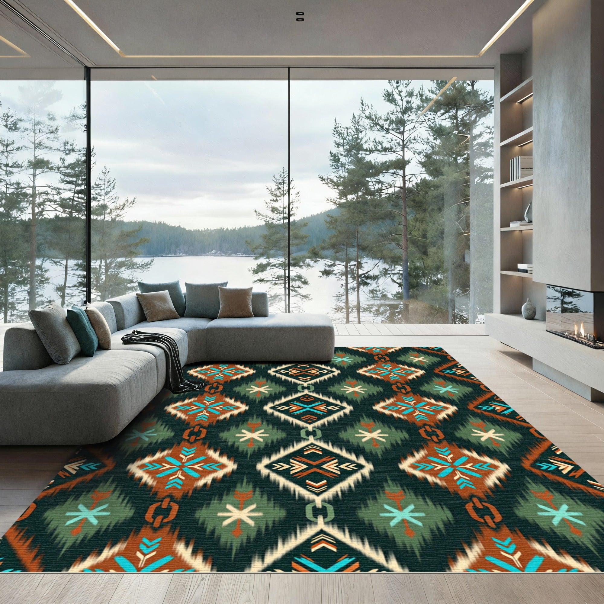 Terracotta Teal Abstract Ikat Diamond Rug
