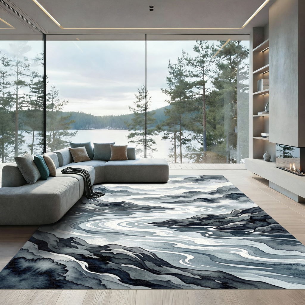 Monochromatic Misty Mountain River Scene Rug