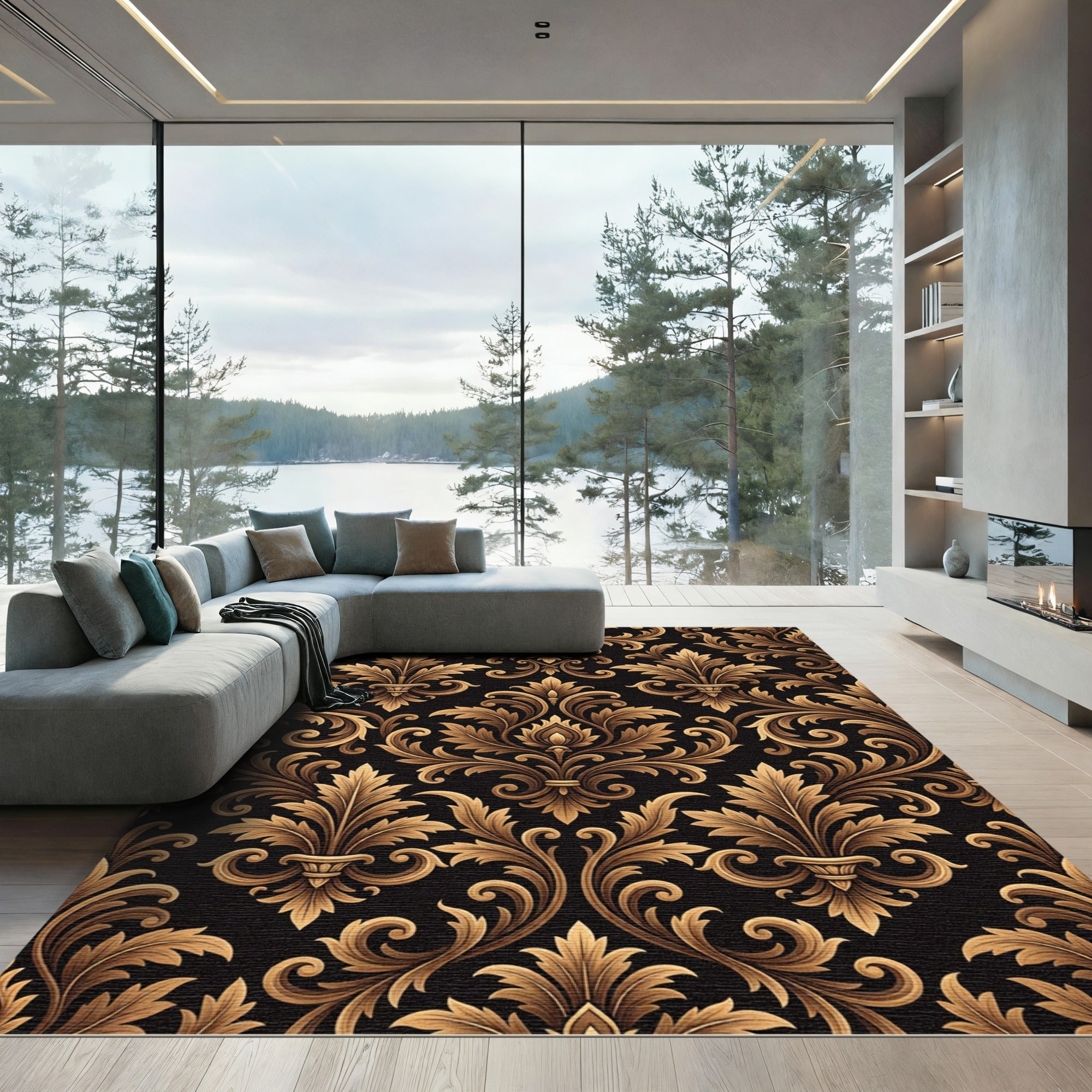 Ornate Gold Black Acanthus Flourish Rug