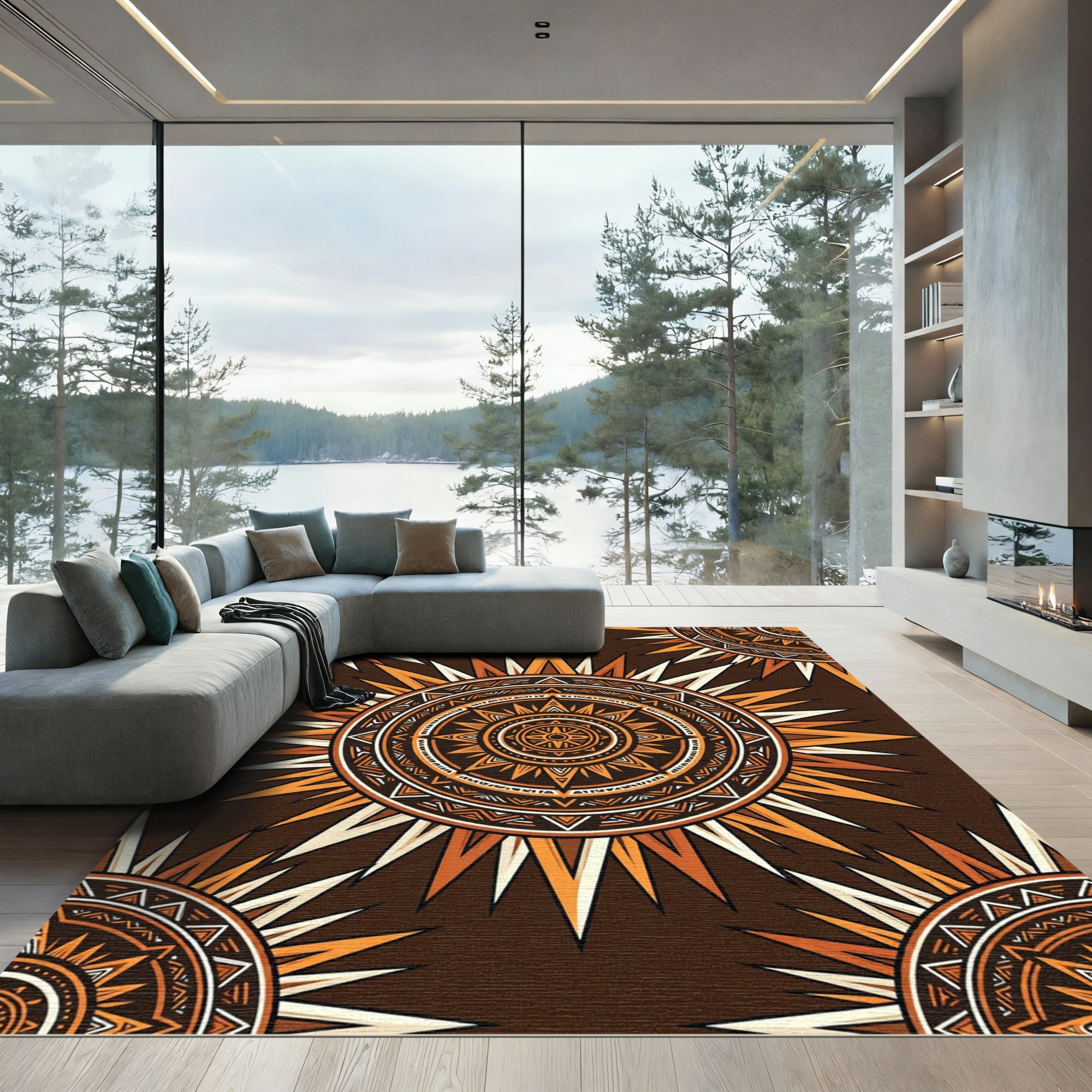 Warm Orange Sunburst Mandala Rug