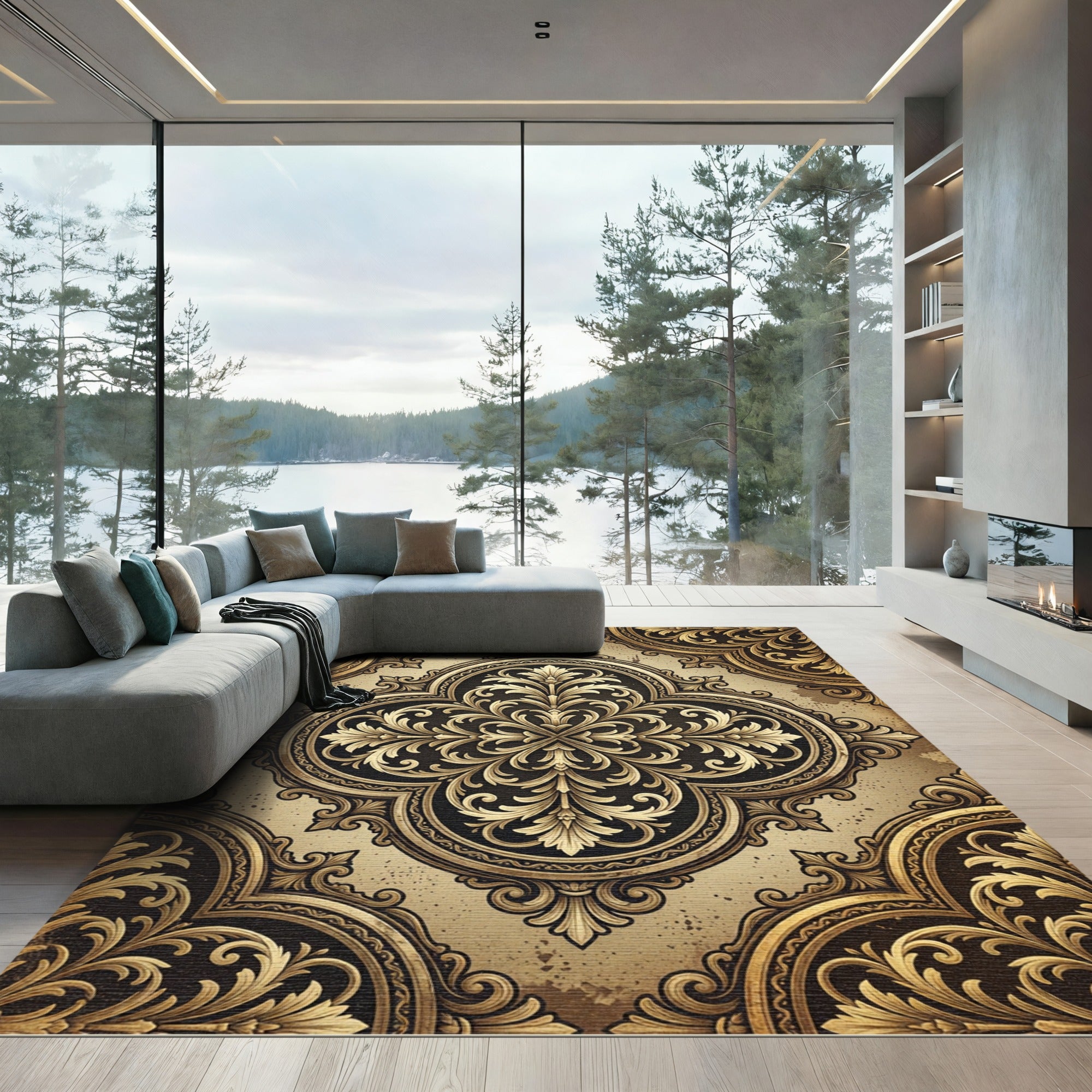 Ornate Golden Damask Floral Medallion Rug
