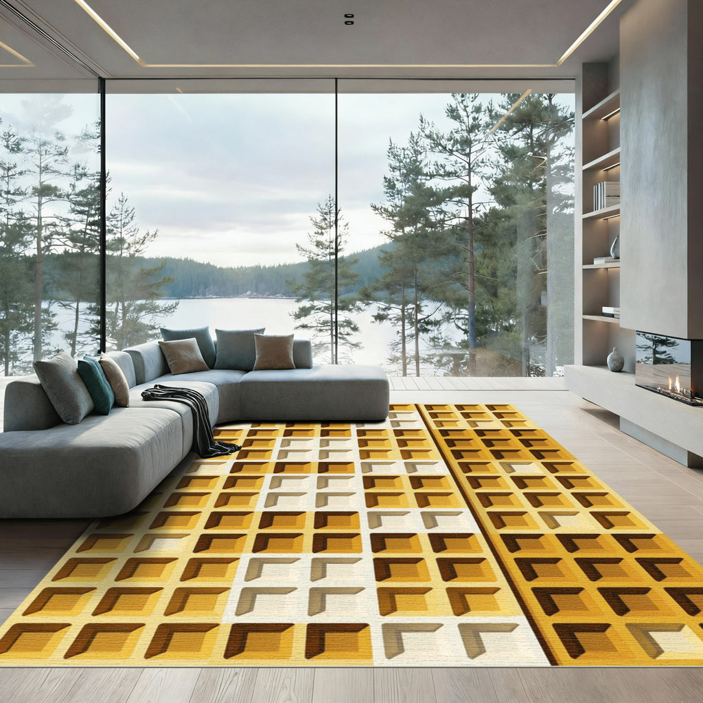 Golden Waffle Grid Geometric Texture Rug