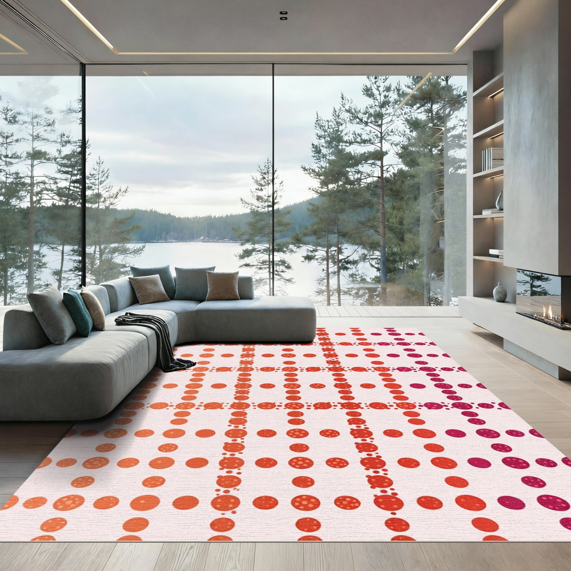 Geometric Red Orange Purple Dot Grid Rug
