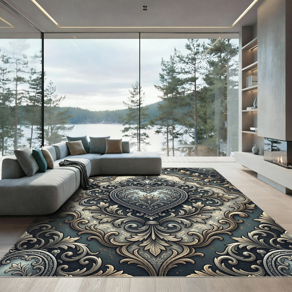Ornate Silver Heart Damask Scrollwork Rug