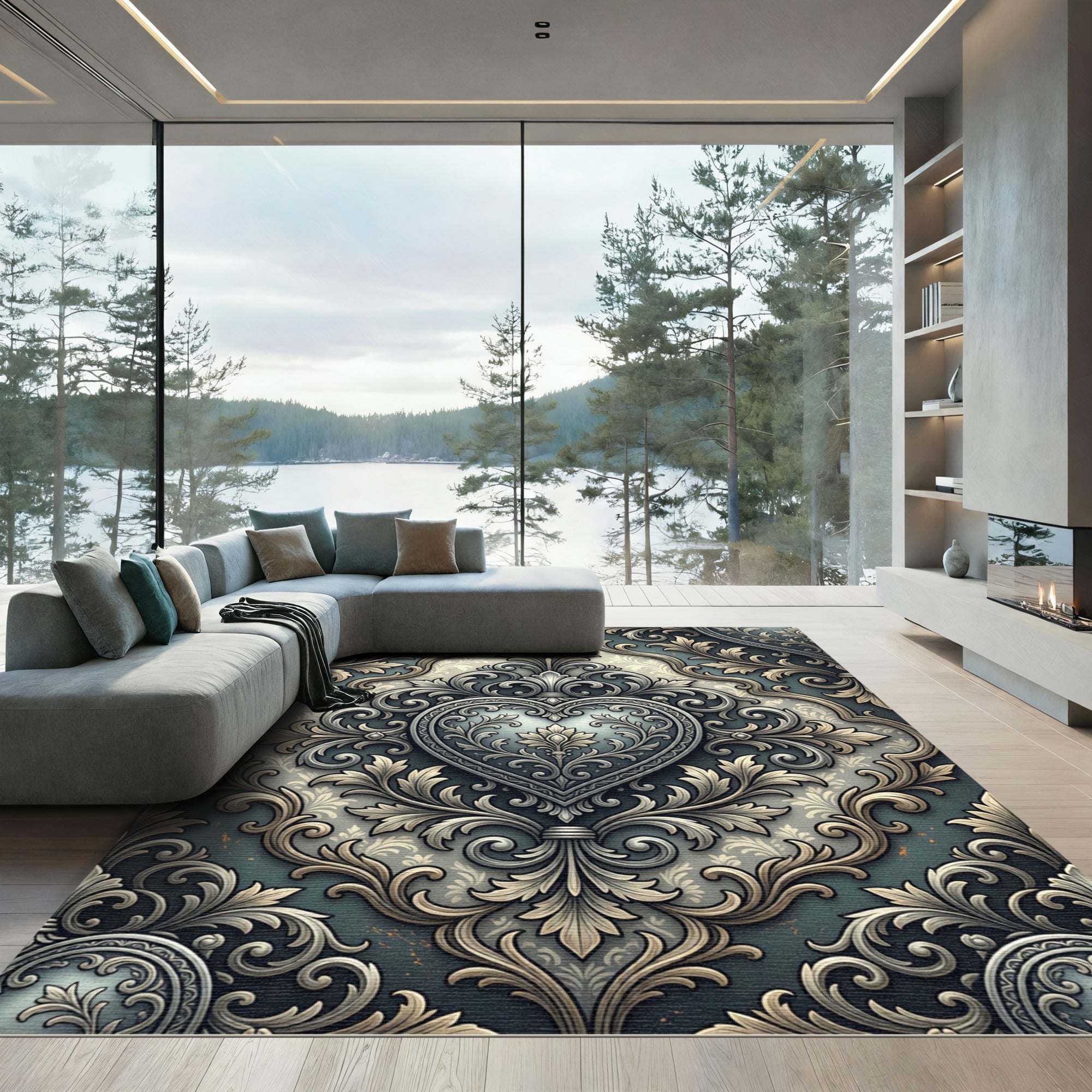 Ornate Silver Heart Damask Scrollwork Rug