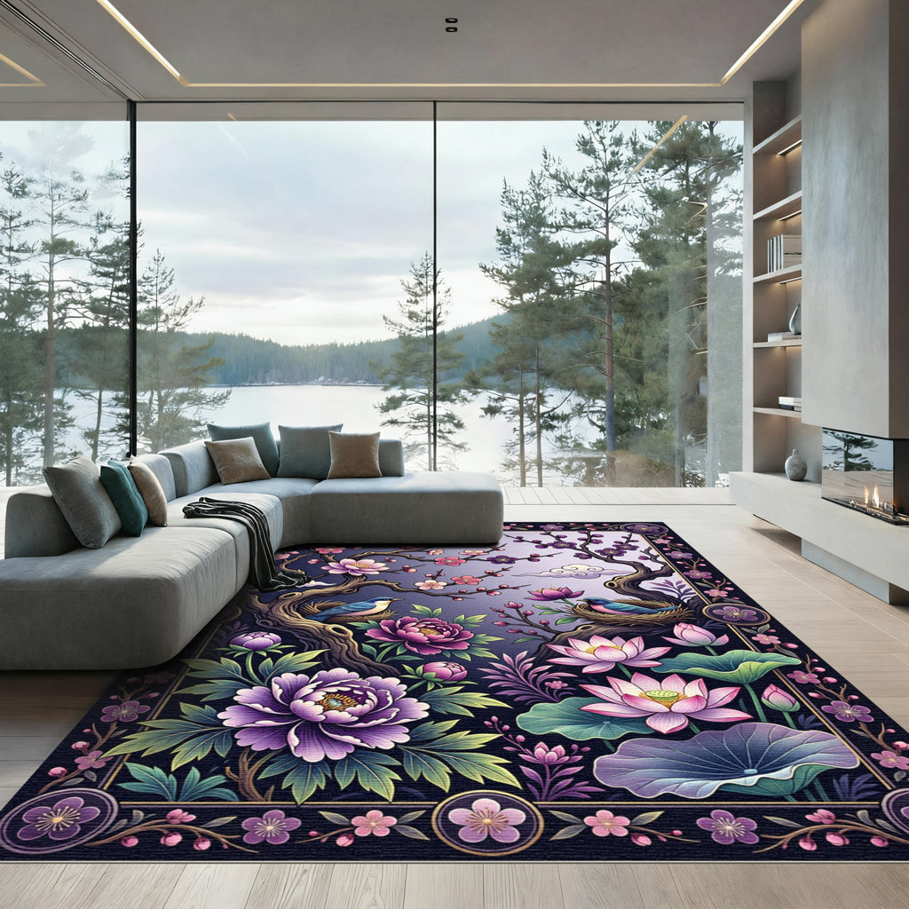 Chinoiserie Plum Blossom Peony Lotus Bird Rug